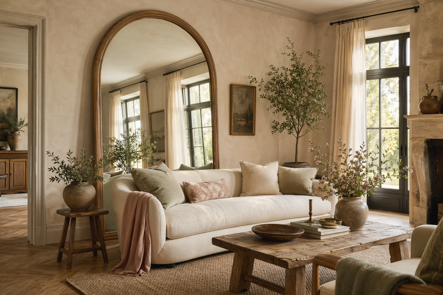 Arched natural-wood leaner mirror styled in a warm French Country living room