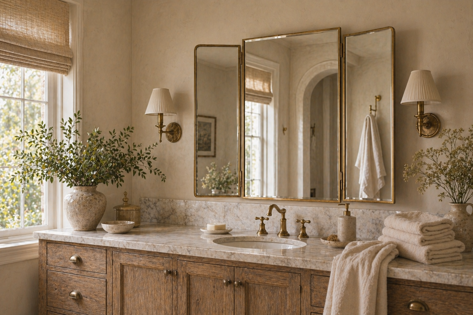 West Elm Trifold Metal Wall Mirror — three gold-framed panels above a marble bathroom vanity