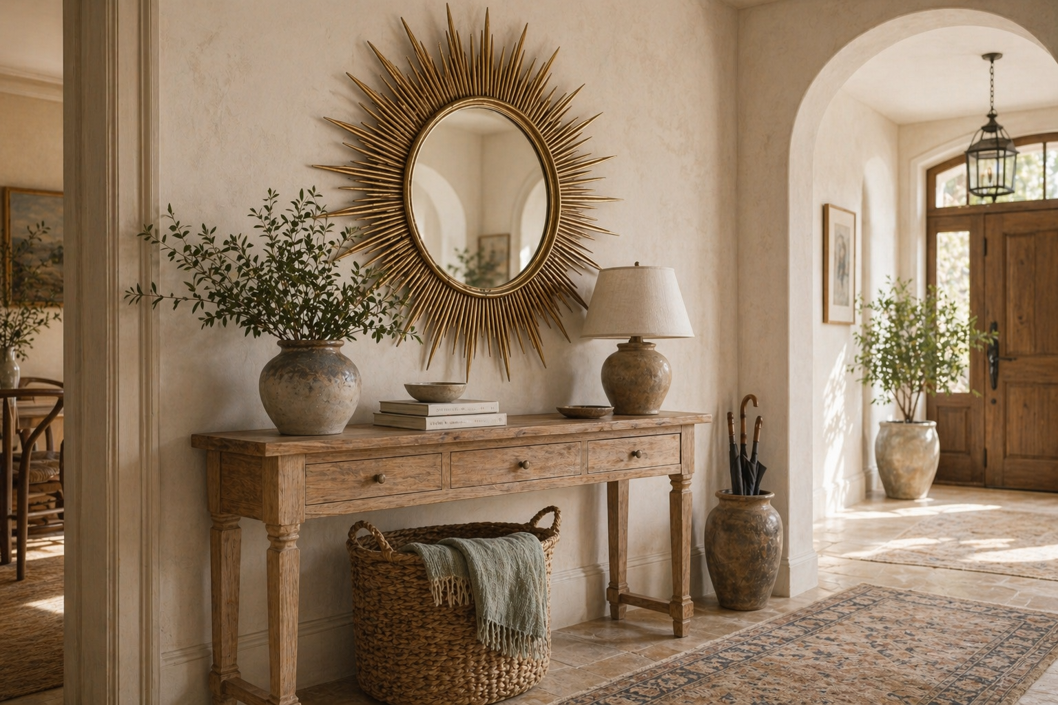 Brass sunburst mirror above an entry console in a warm, layered hallway