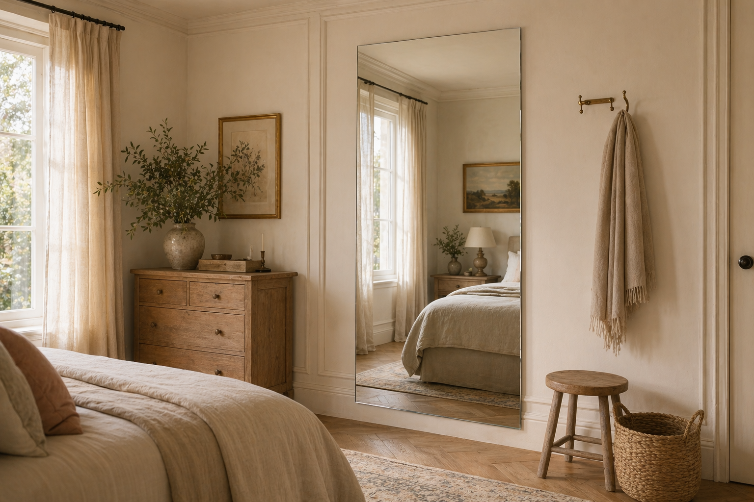 Full-length frameless mirror mounted in a serene, minimal bedroom