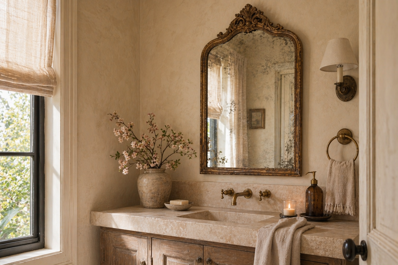 Antiqued gold ornate mirror above a marble-topped vanity in a moody powder room