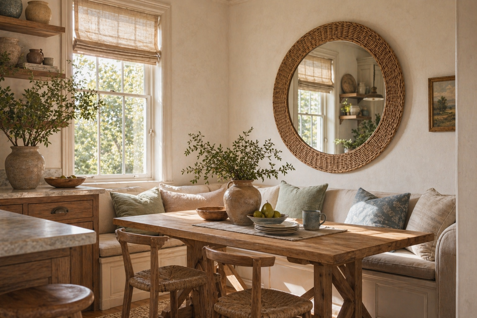 Rattan round mirror hung above a built-in banquette in a sun-lit kitchen nook