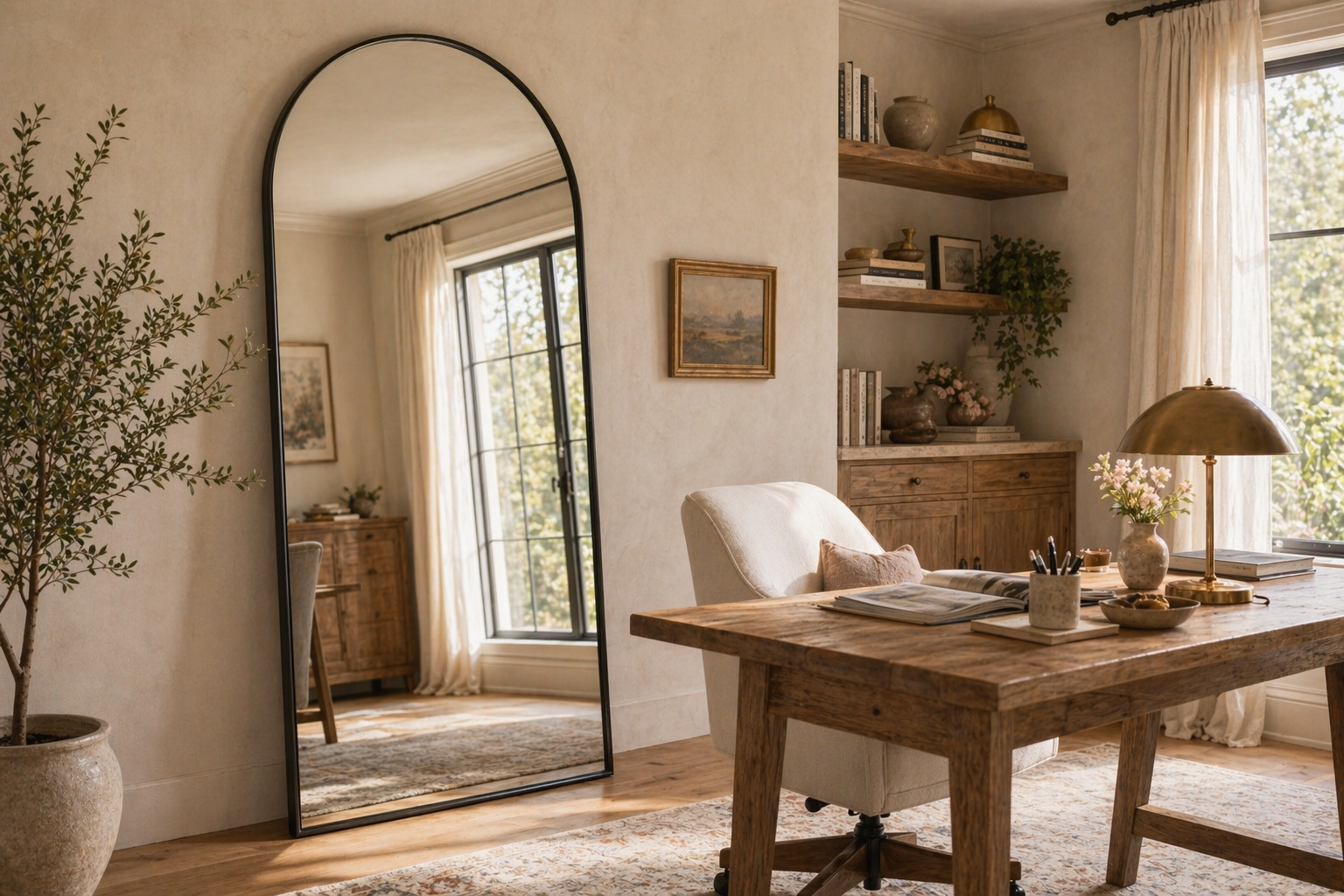 Matte black arched floor leaner mirror in a light-filled home office