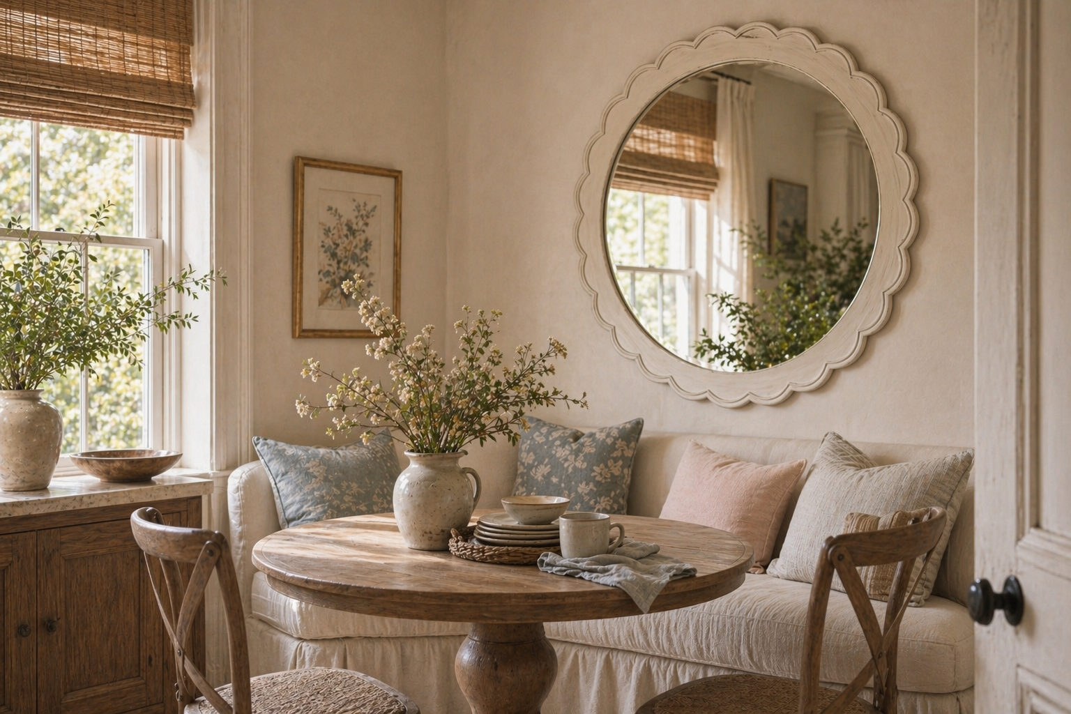 Scalloped round mirror above a corner banquette in a cozy breakfast nook