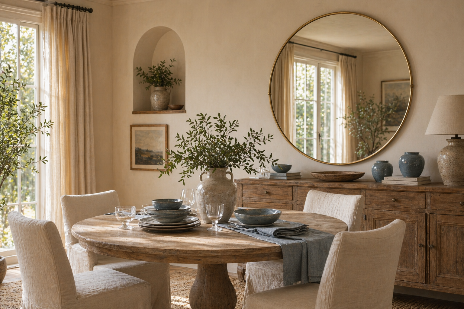 Oversized round gold mirror above a sideboard in an elegant dining room