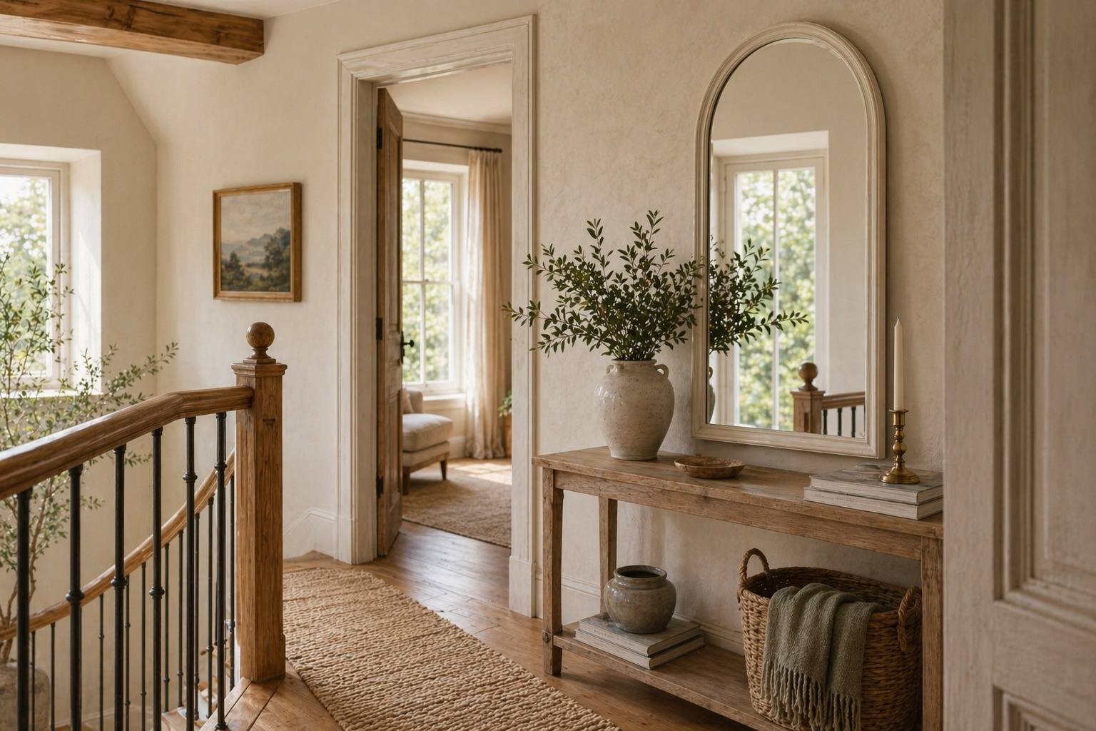 Slim white arched mirror above an entry console table in a light-filled hallway