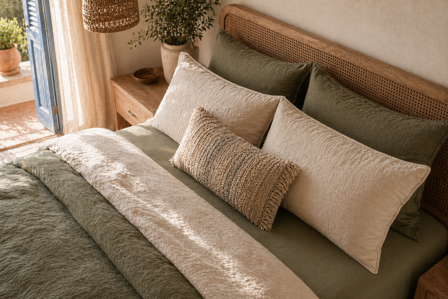 Linen Decorative Pillowcases — stone/sand neutral texture contrast over moss percale pillows