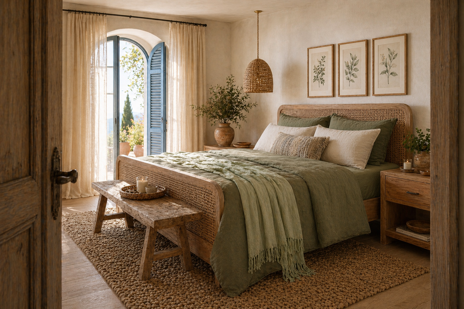 Woven Rope Pendant Light — looking up through the pendant toward the arched Mediterranean ceiling