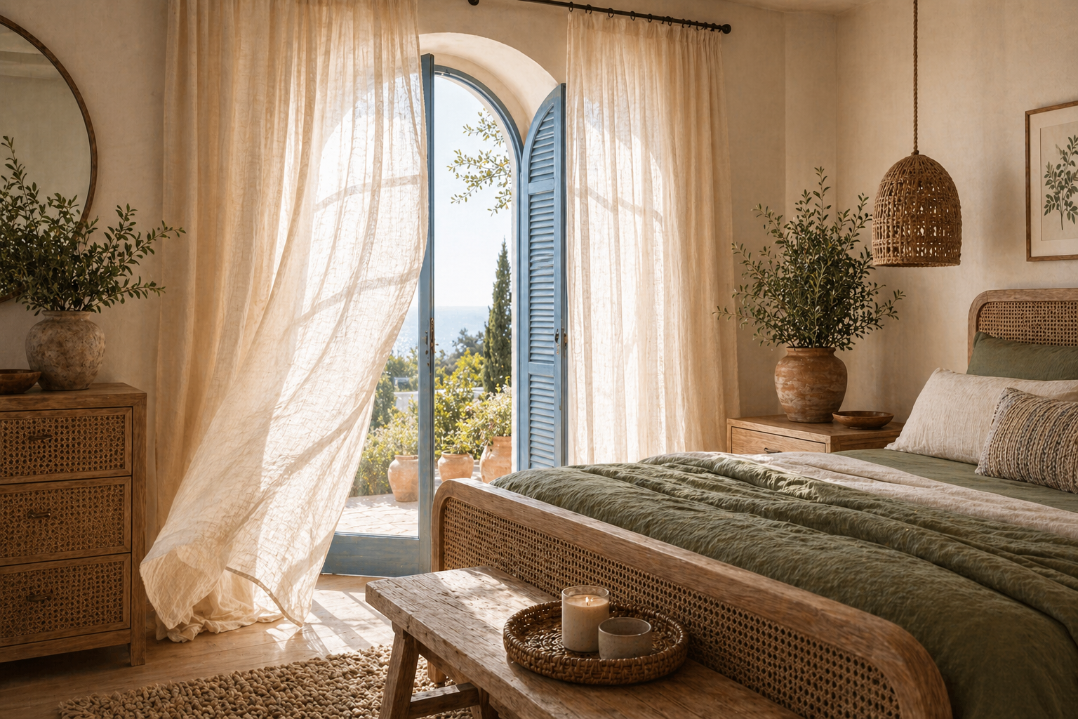 Sheer Linen Curtains — backlit by intense Mediterranean afternoon sun, one panel billowing inward from a breeze