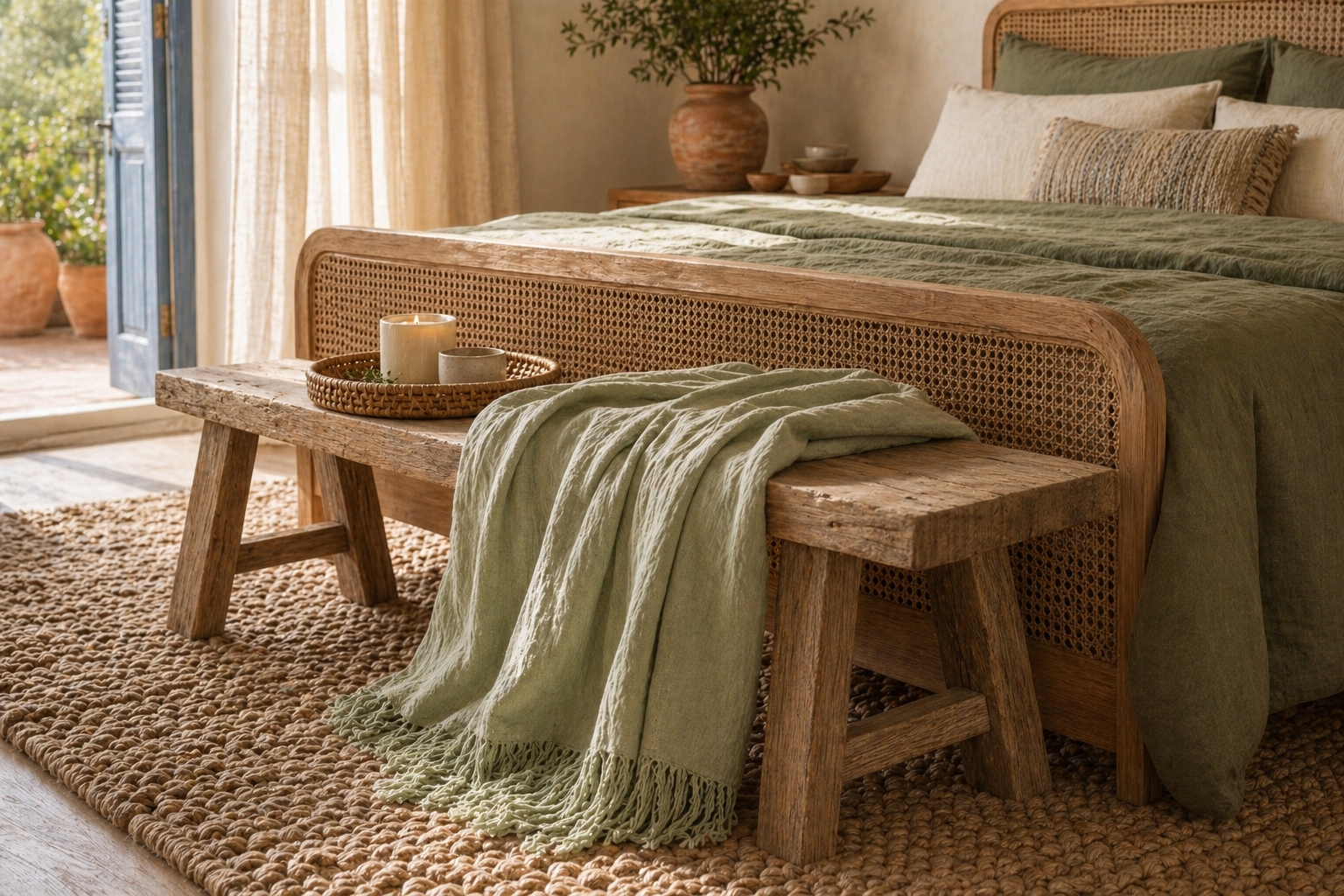 Sage Green Cotton Throw — draped over a low wooden bench at the foot of the bed, trailing onto terracotta tile floor