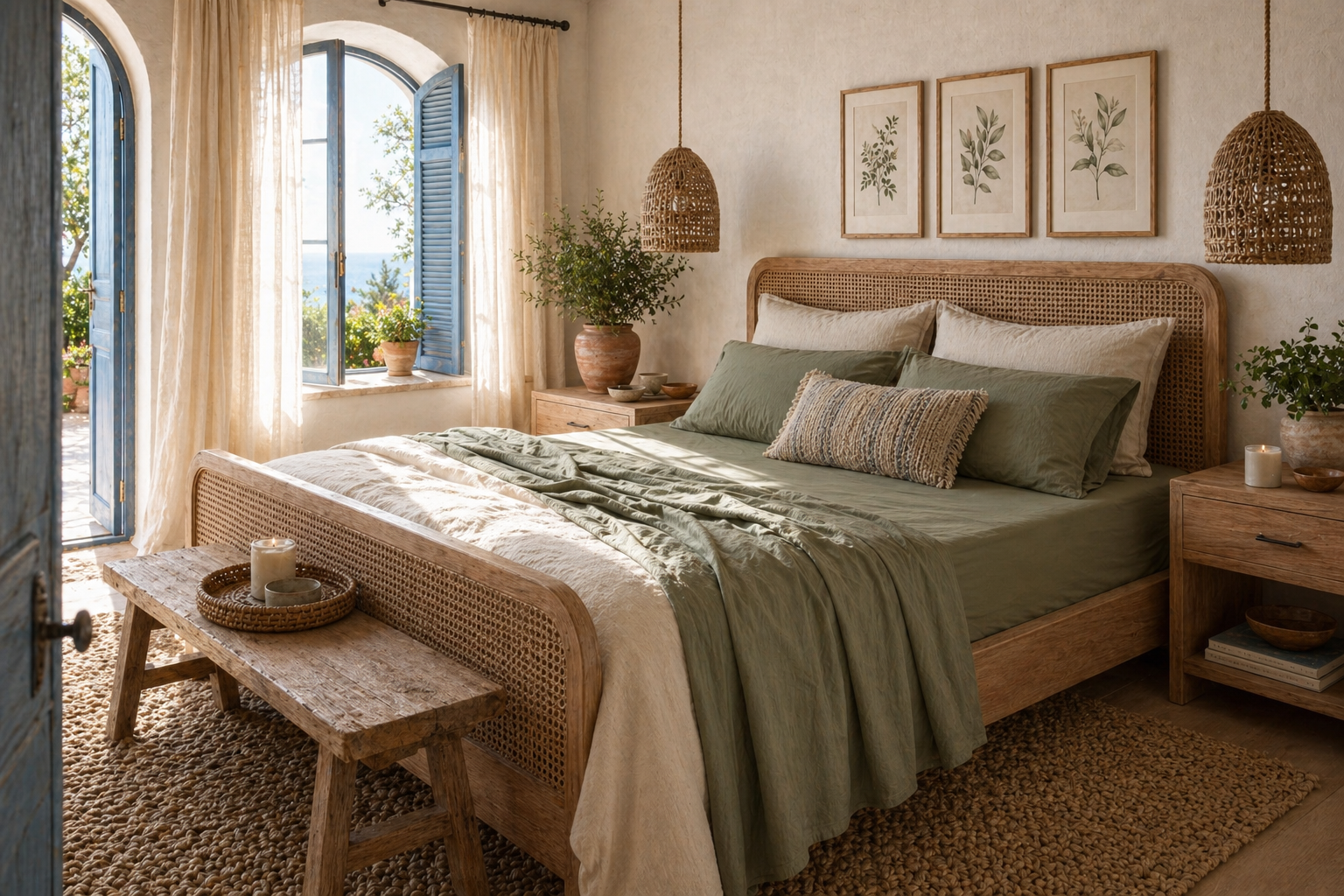 Percale Sheets — Moss, side angle from doorway showing half-made bed with crisp percale exposed