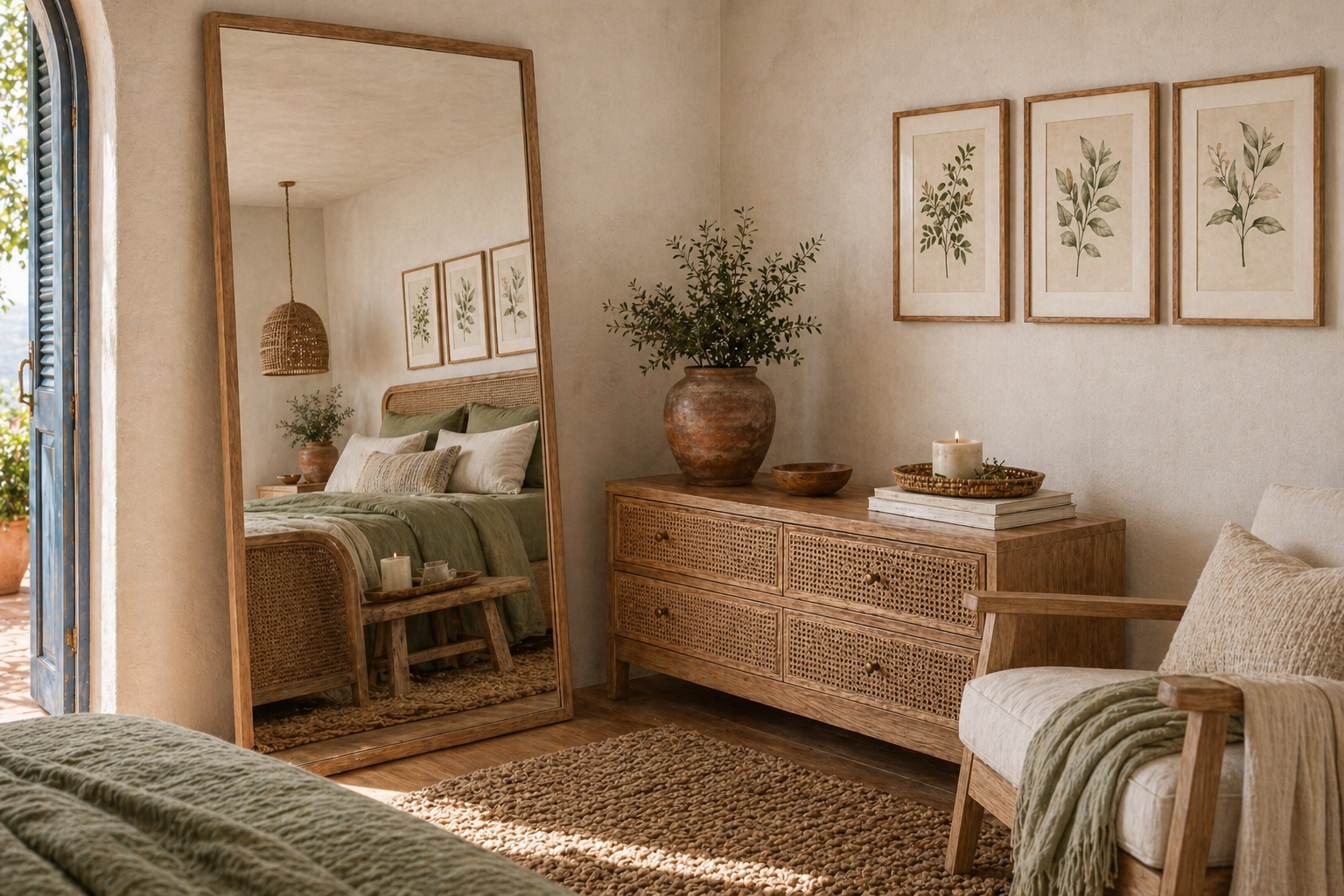 Botanical Prints — three framed prints in a horizontal row on a whitewashed Mediterranean wall with arched doorway