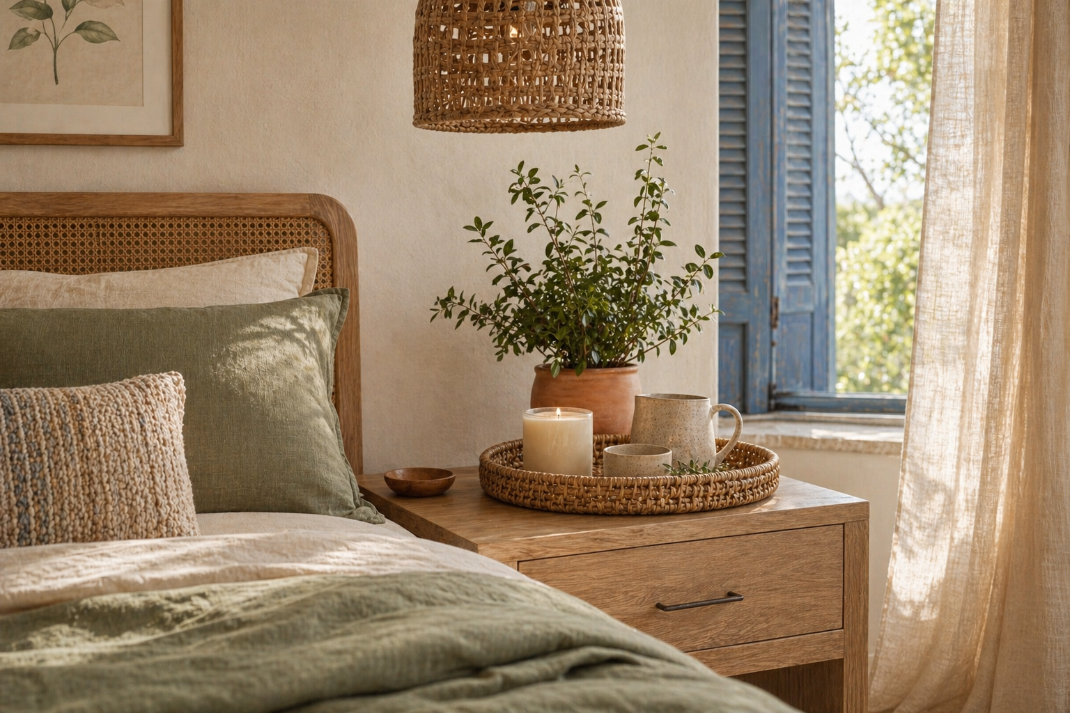 Rattan Tray on nightstand — candle, book, and mug, with Mediterranean blue shutters behind