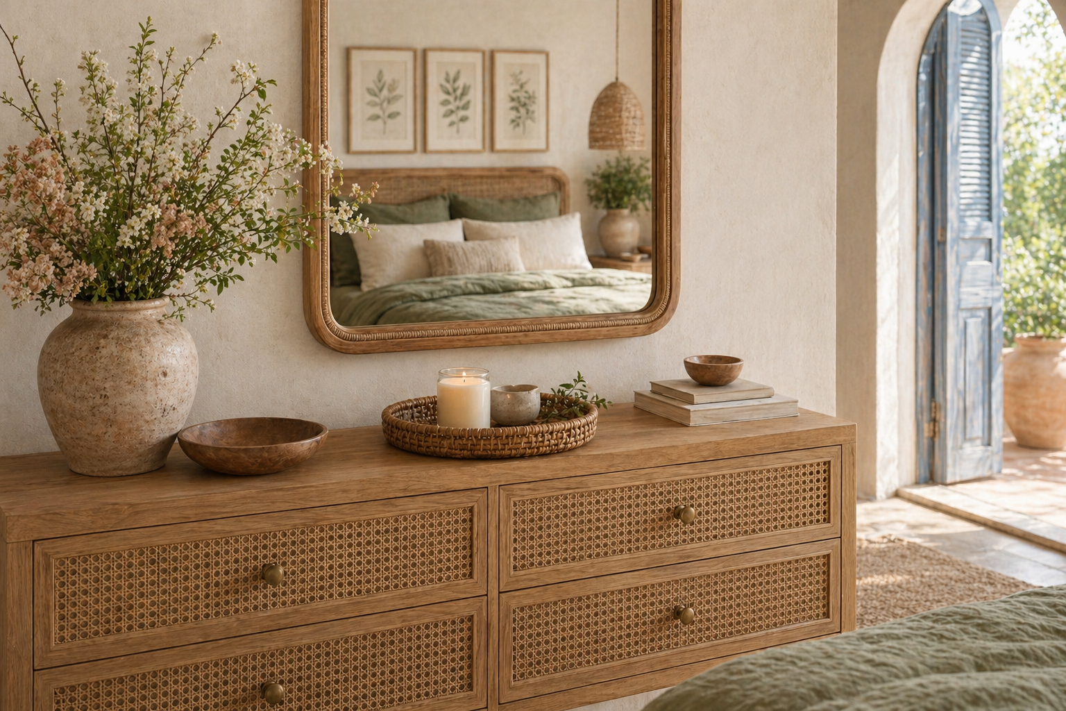 Soy wax candle on dresser vignette — mirror, spring stems, Mediterranean coastal setting