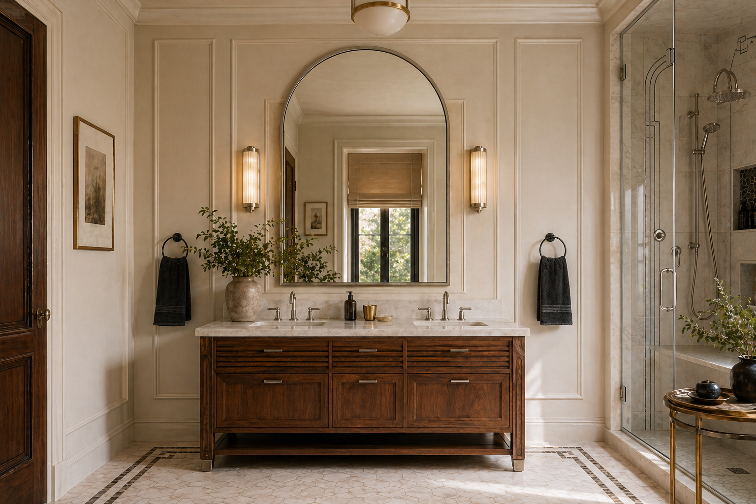 Mixed-metal bathroom with brushed nickel faucet, matte black mirror frame, and brass soap dish accent — a well-balanced combination