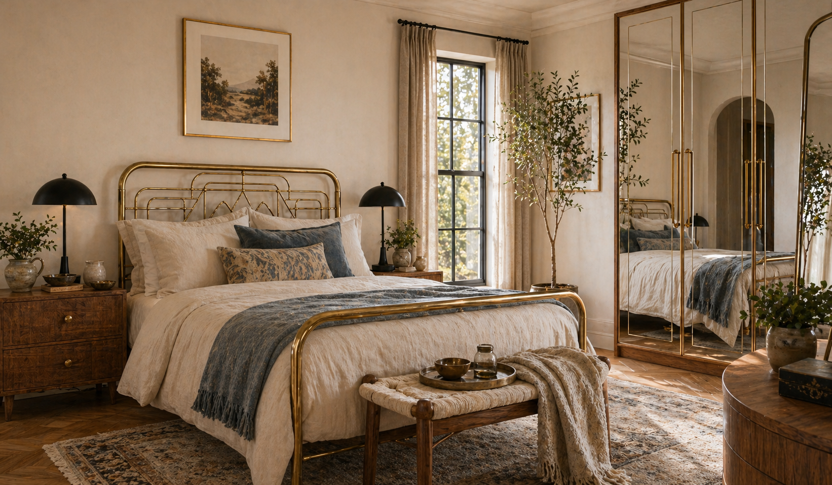 Bedroom with brass bed frame, matte black bedside lamp, and chrome mirror details — mixed metals with restraint