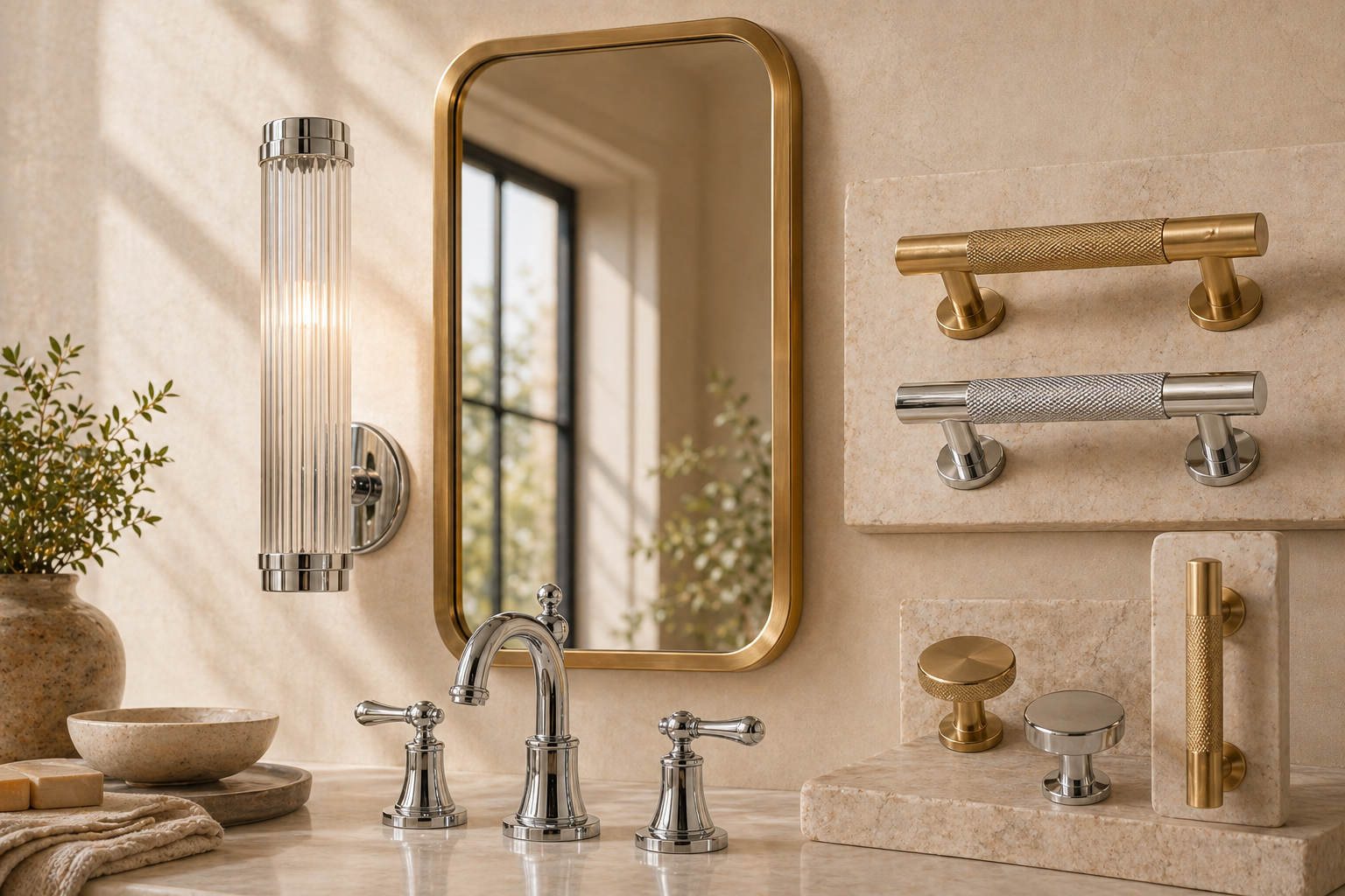 Brushed gold and chrome hardware product selection — cabinet pulls, faucet, mirror, and vanity sconce