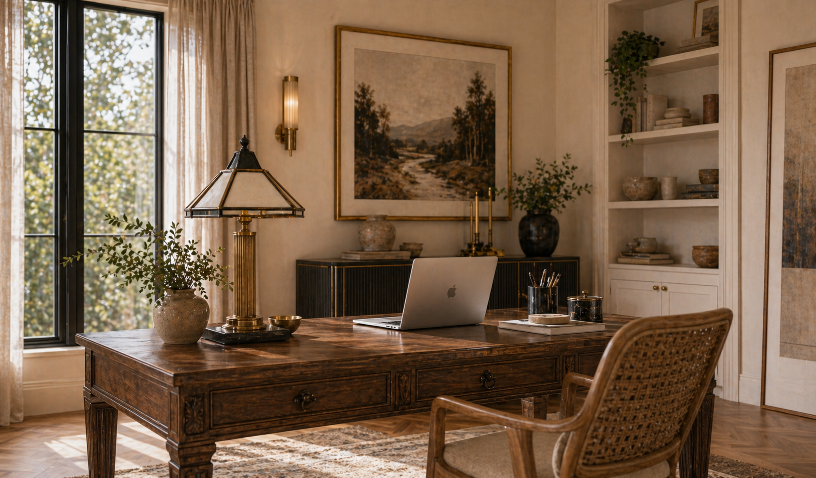 Home office with metal tray and hardware samples on a parquet-floor desk — testing mixed metals at small scale before committing