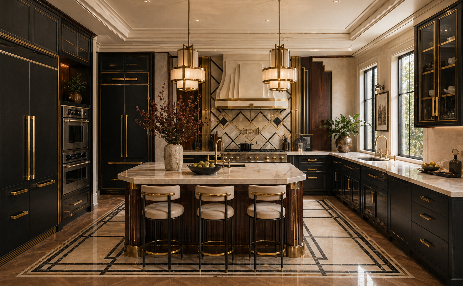 Art deco kitchen with brass cabinet hardware dominant, matte black faucet secondary, and gold decorative accent — the 70/20/10 rule in practice