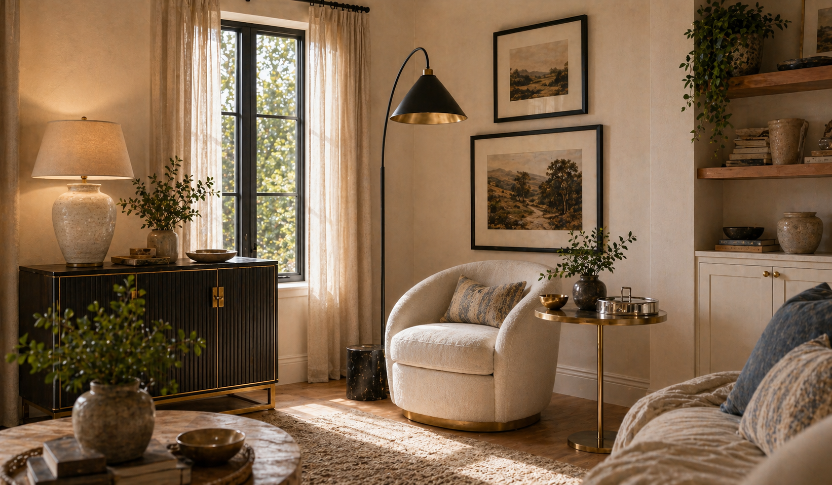 Living room corner with brass floor lamp, brass side table, and matte black picture frames — mixed metals in a styled vignette