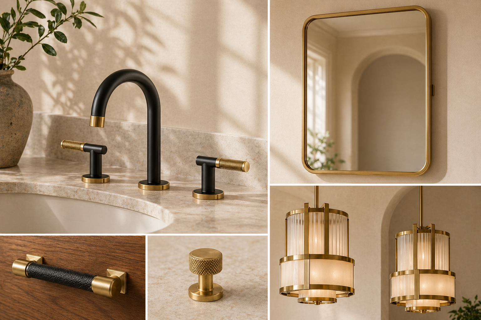 Brass and matte black hardware product selection — cabinet pulls, faucet, mirror, and pendant light