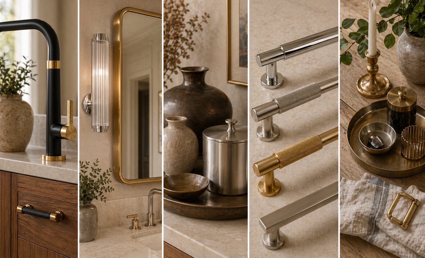 Collage of close-up metal pairing shots: brass and matte black hardware, brushed gold and chrome fixtures, bronze and brushed nickel objects