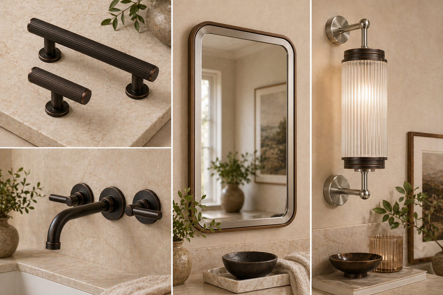 Bronze and brushed nickel hardware product selection — cabinet pulls, faucet, mirror, and vanity light