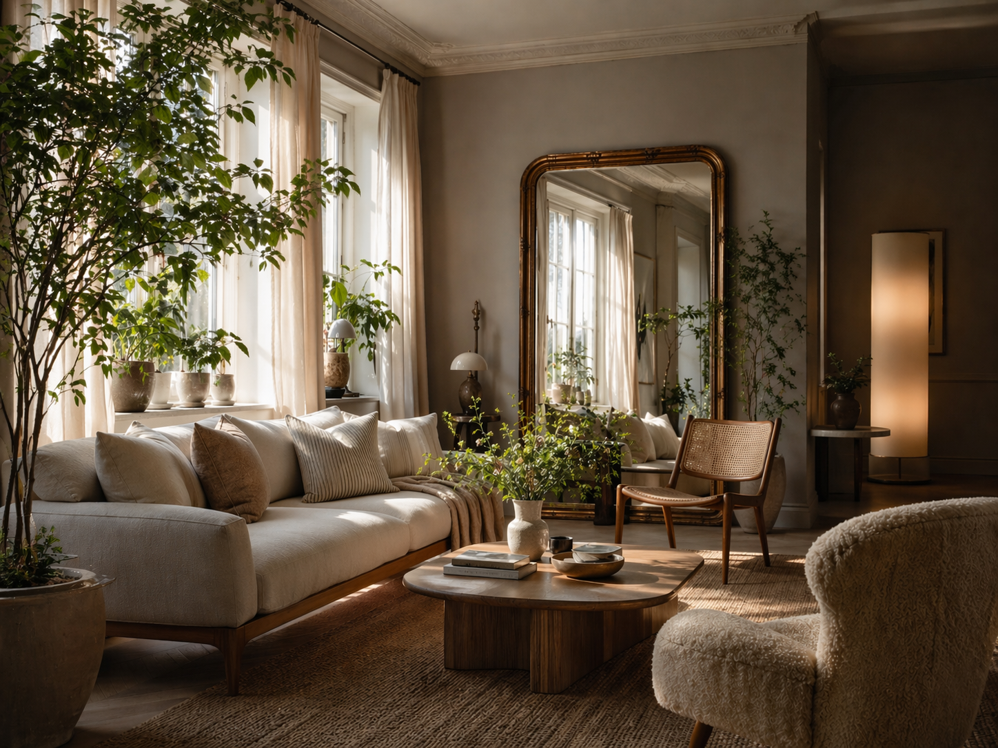 Natural light flooding through sheer linen curtains in a biophilic living room with indoor plants and warm organic materials
