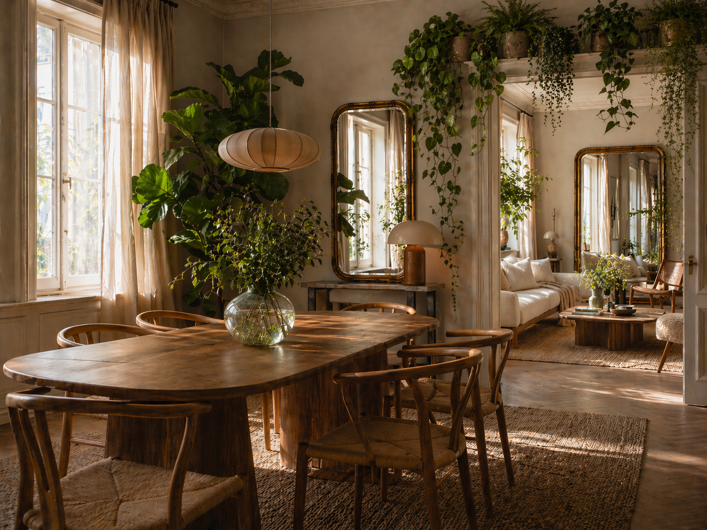 Styled indoor plants including monstera, pothos, and trailing ivy in a warm natural interior