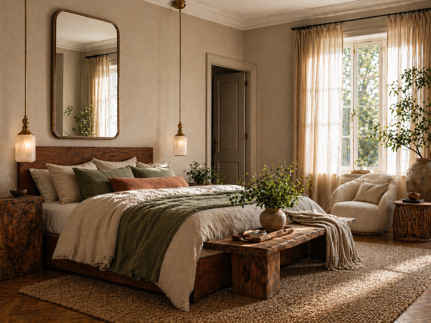 Natural materials in an interior — rattan, linen, wood, and terracotta creating a grounded biophilic space