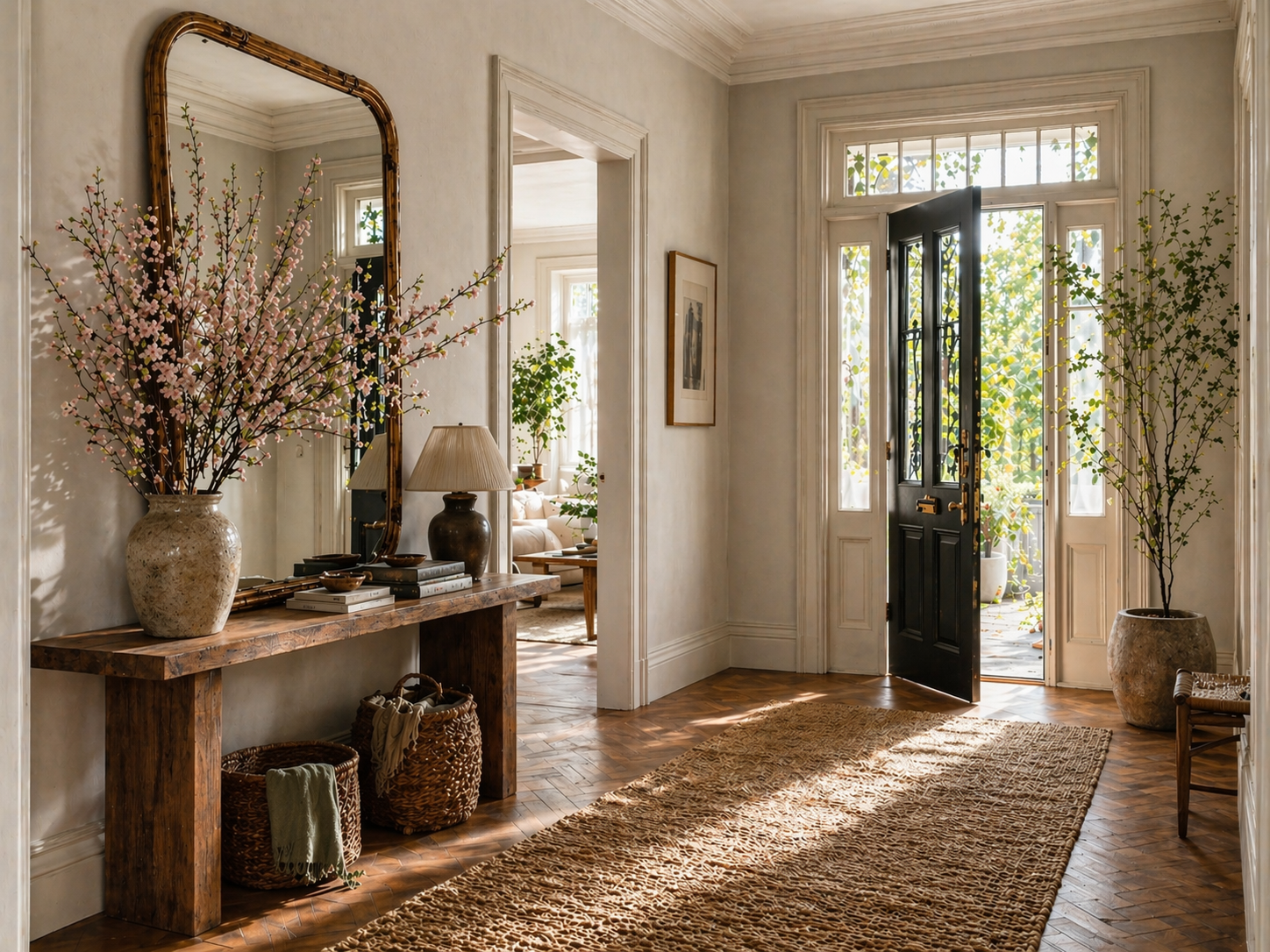 Spring-inspired natural color palette in a room with sage green, warm terracotta, and soft neutral tones