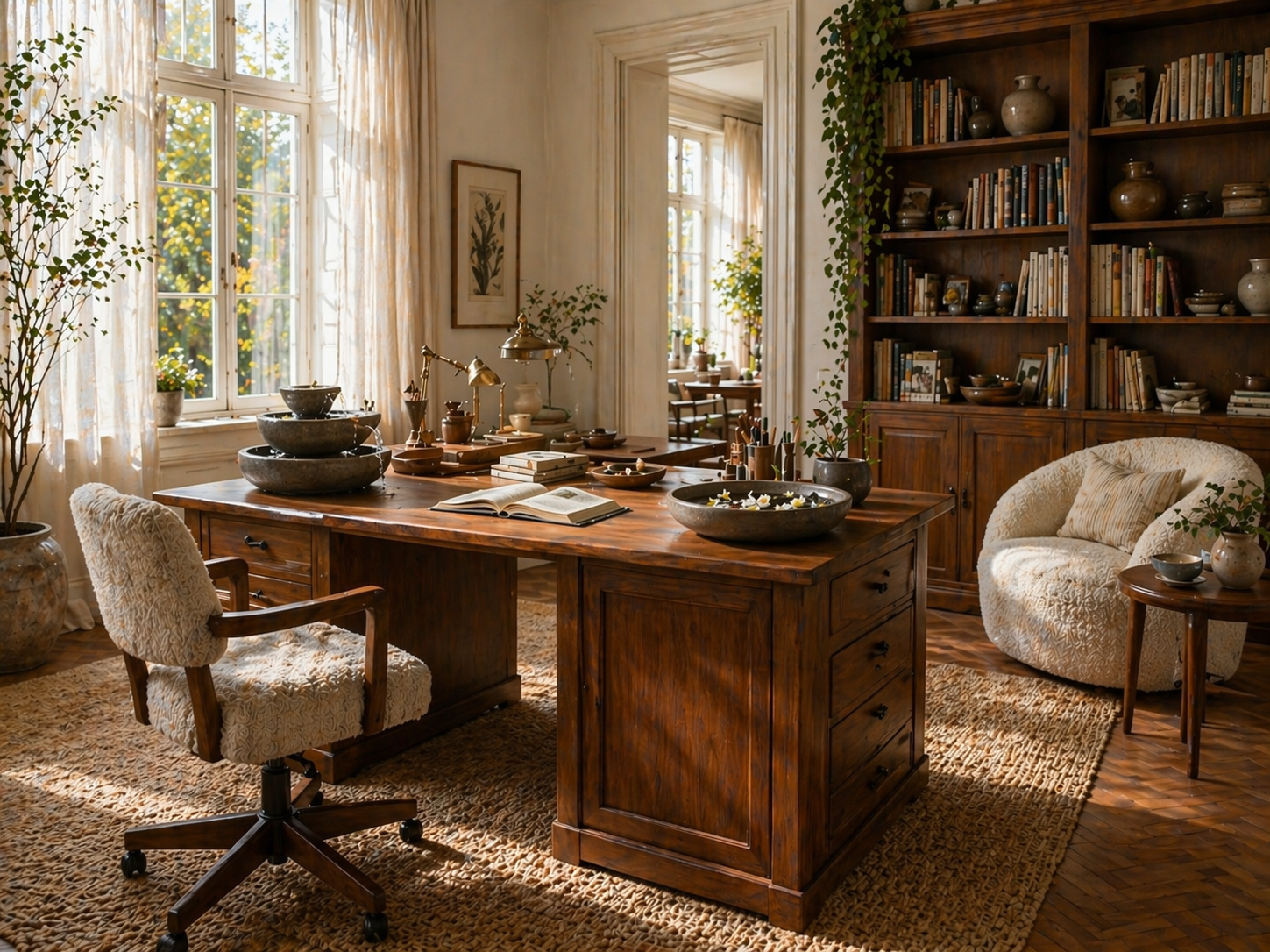 Tabletop water feature and botanical styling in a calm biophilic interior