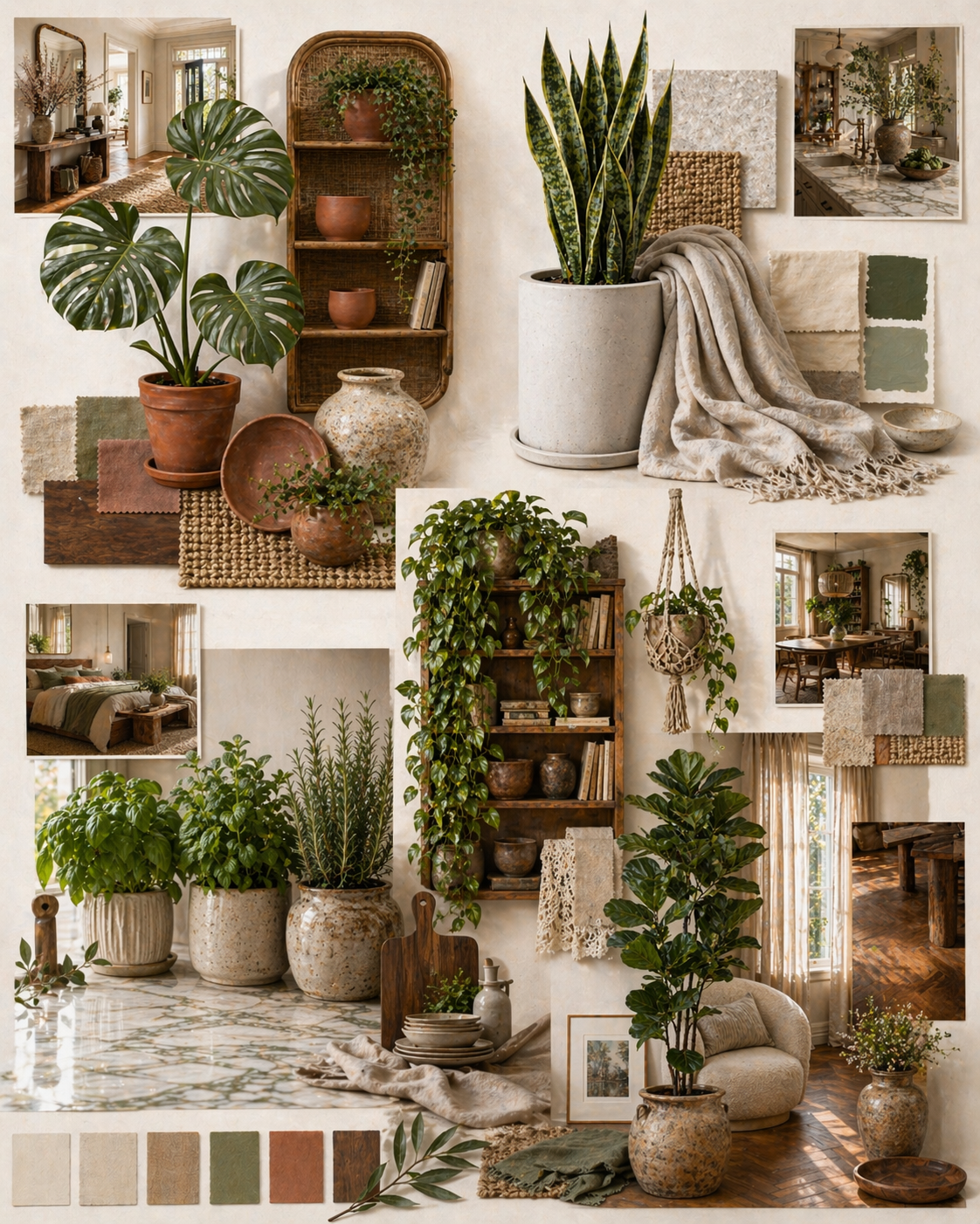 Plant and decor pairings — monstera with rattan, snake plant with concrete, fiddle-leaf fig with linen curtains