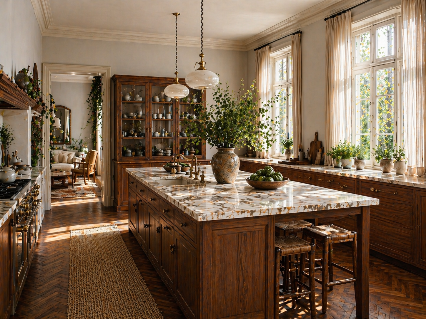 Biophilic living space with abundant plants, natural wood furniture, and warm spring light — your home as your garden