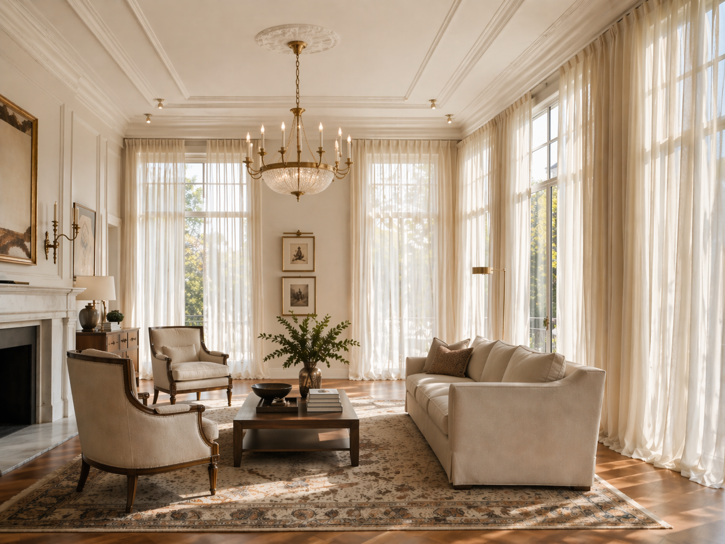 Sheer ivory linen panels hanging floor to ceiling in a light-filled living room