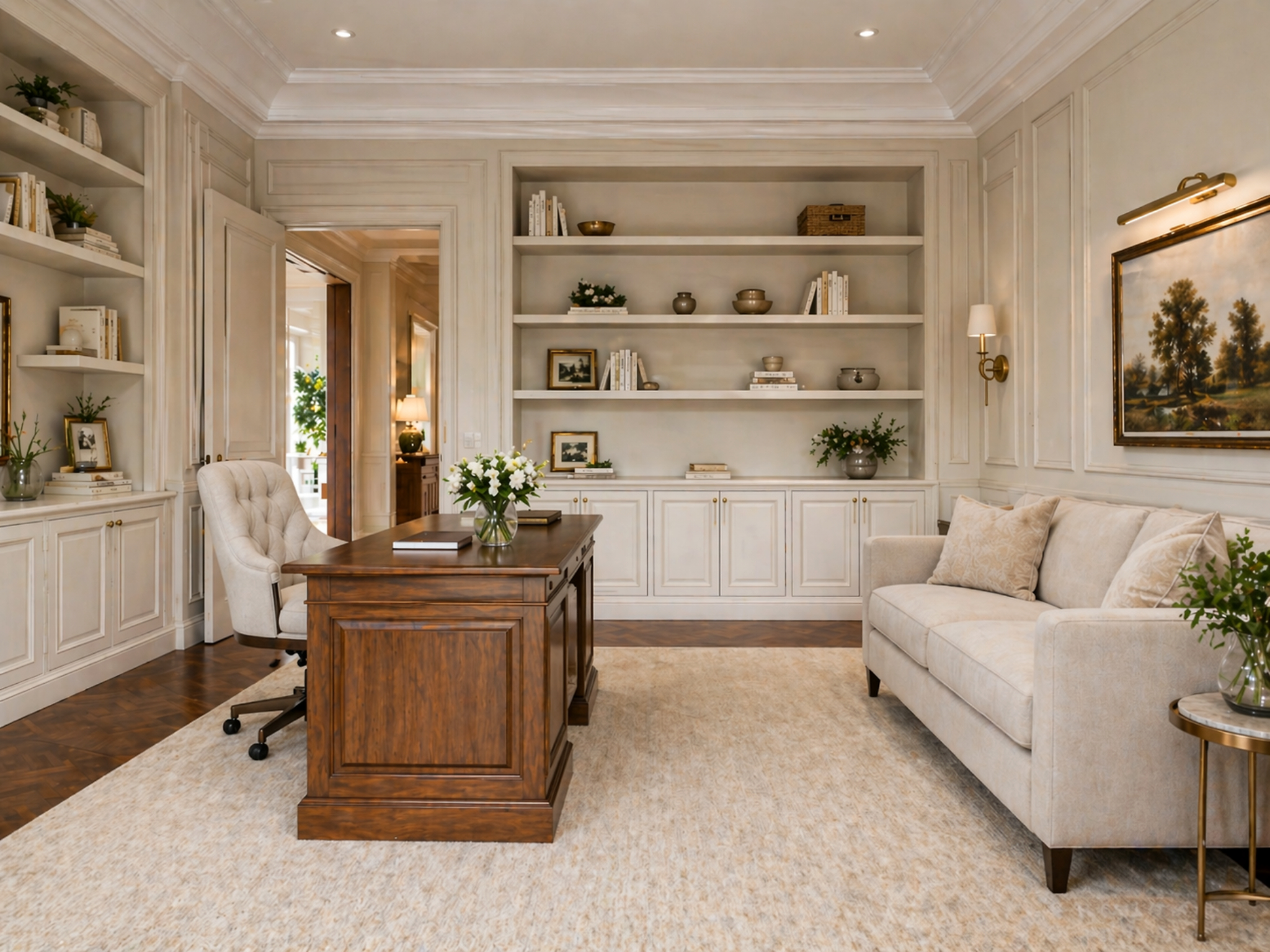Home office with beautifully layered shelving styled using the rule of thirds