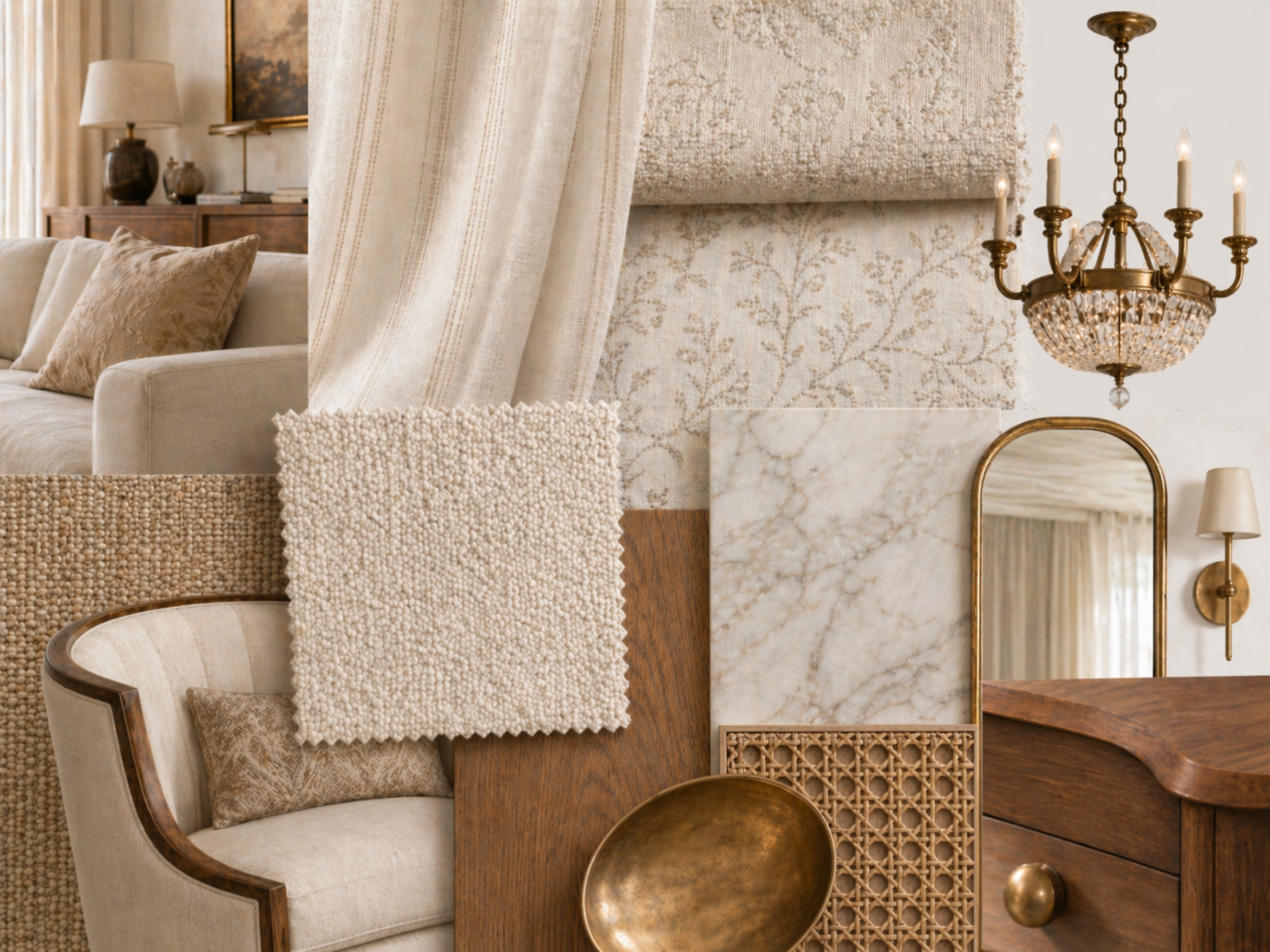 Tonal fabric moodboard with fine botanical prints, jacquard weave, and barely-there stripe on linen