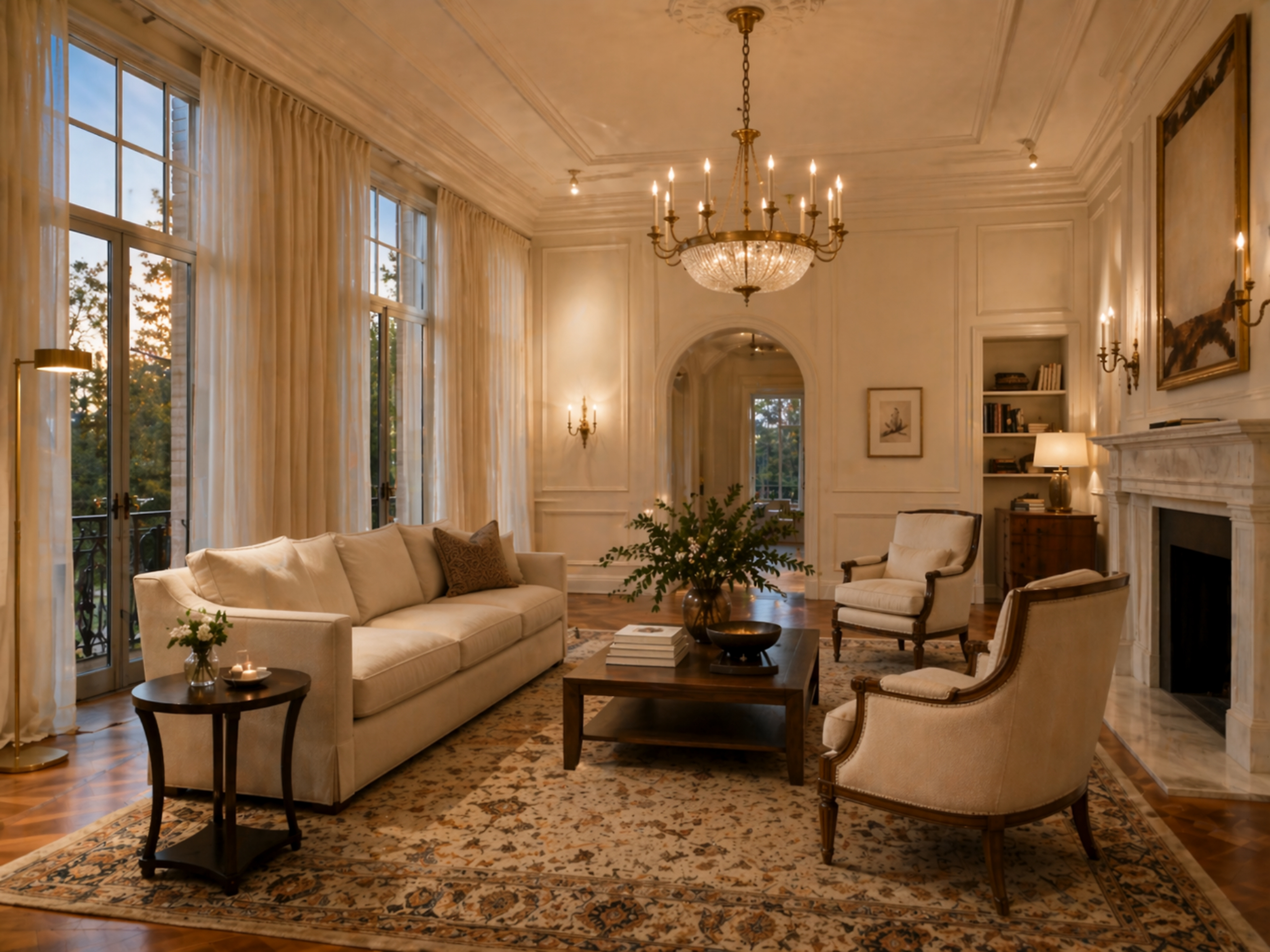 Elegant evening living room with layered ambient sconces, table lamps, and warm candlelight