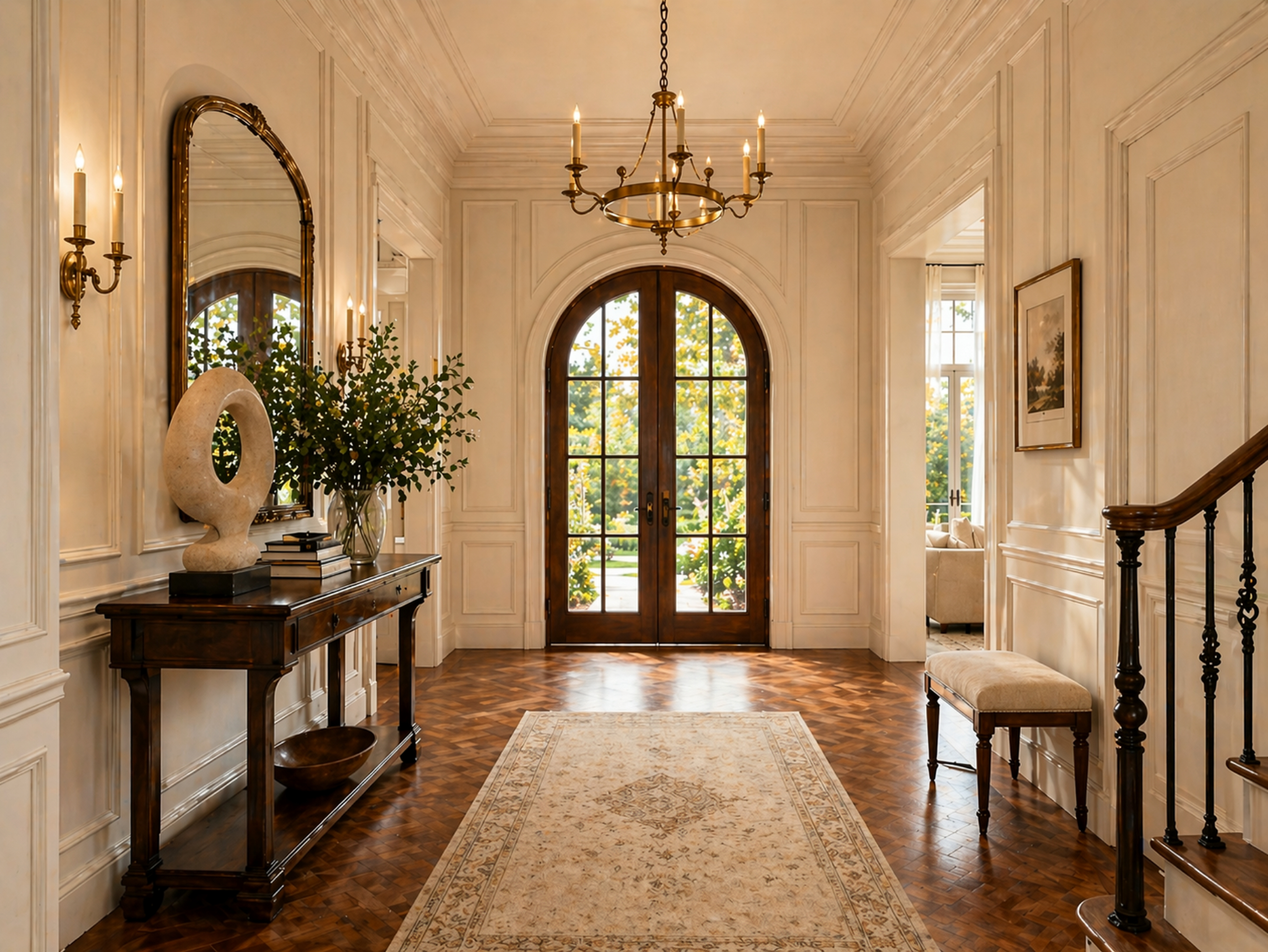 Grand entryway with a bespoke console table and hand-crafted artisan mirror