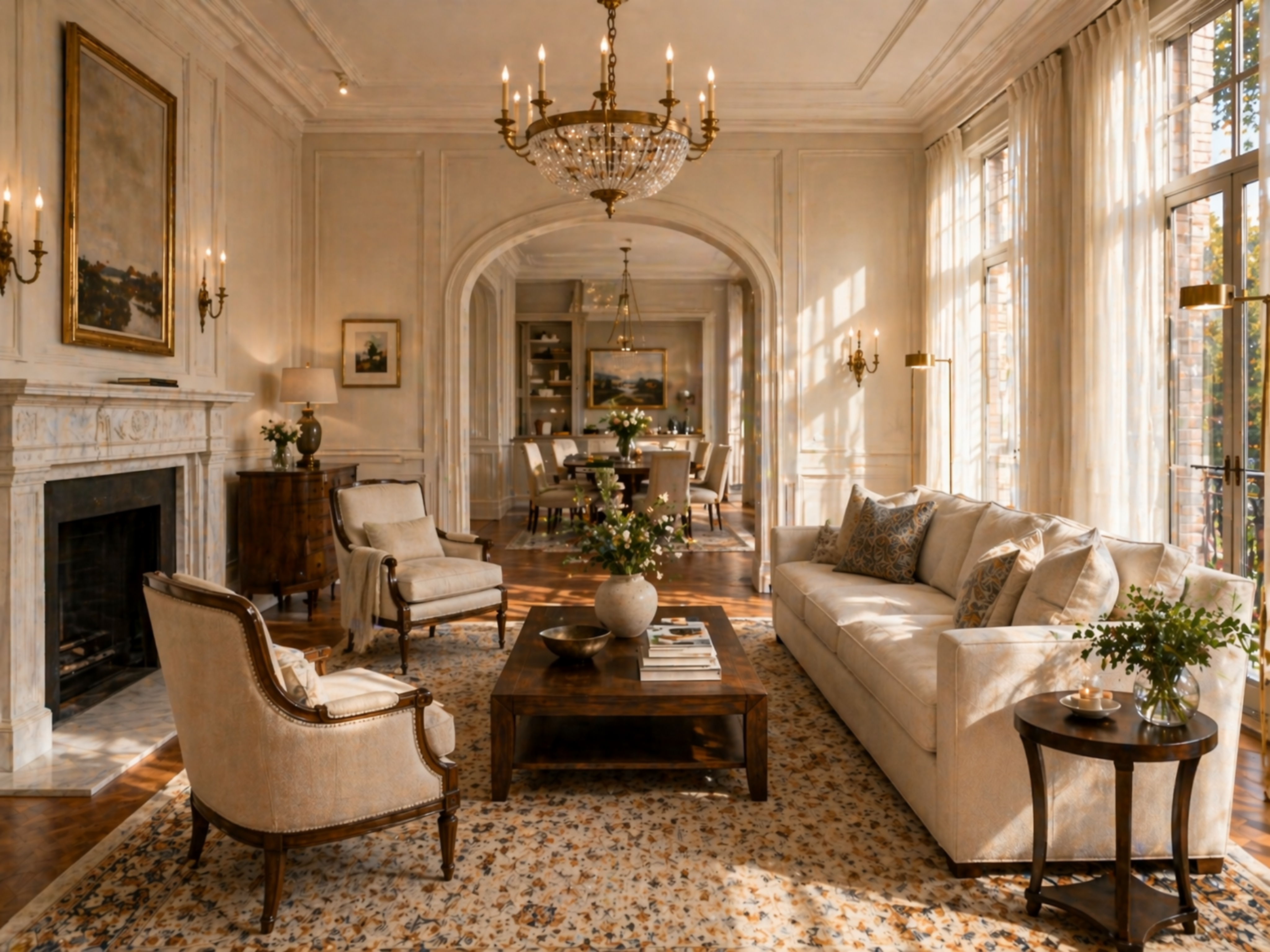 Fully designed grand living room demonstrating the cohesive vision of a professional interior designer