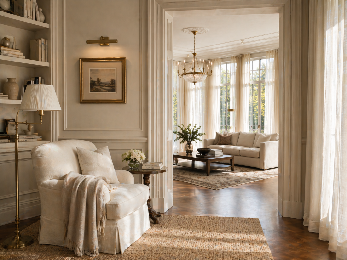 Tonal white and cream palette across a living room with warm linen sofa and natural wood tones