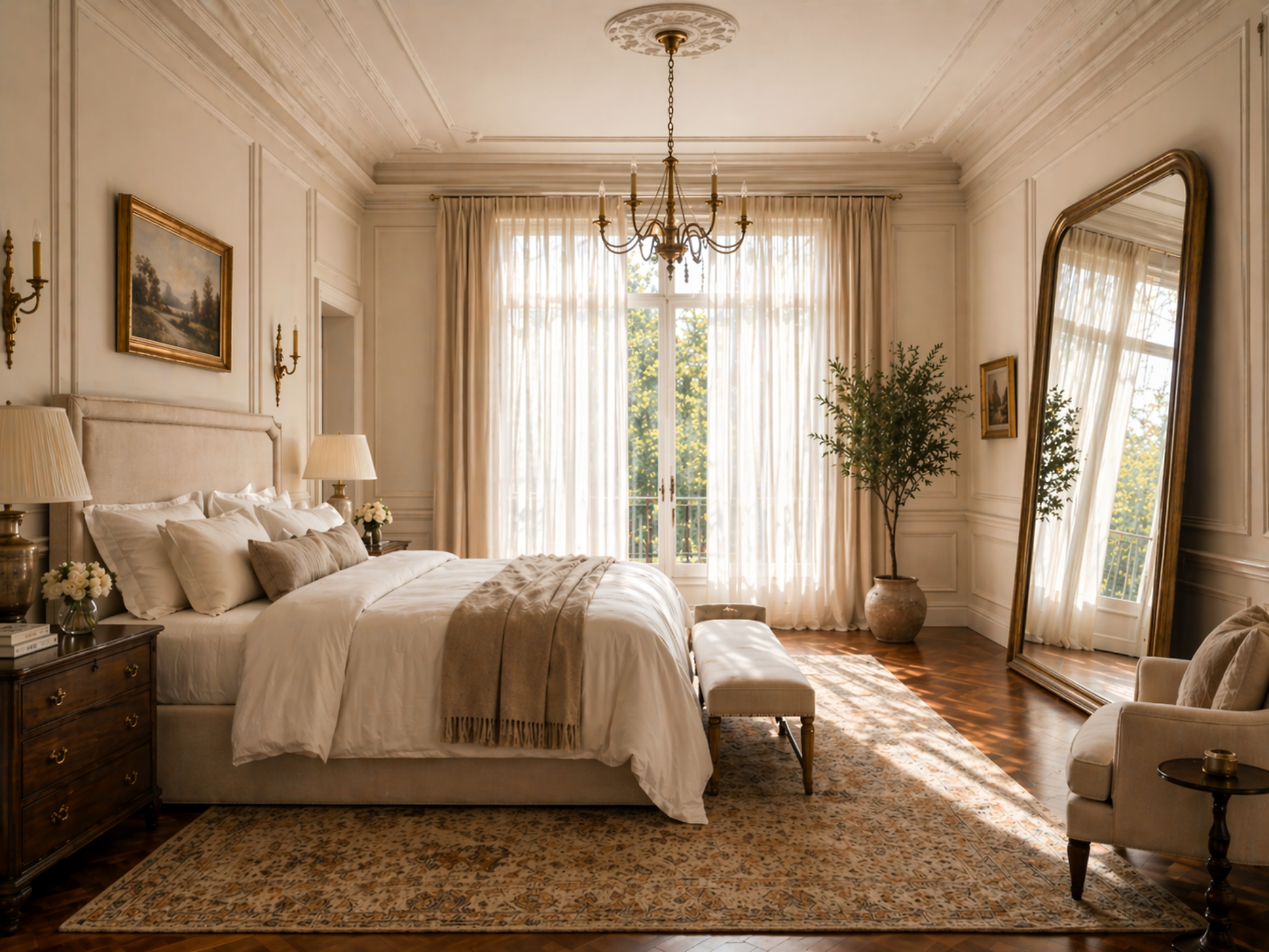 Large leaning mirror in antique brass frame amplifying natural light in a bright bedroom