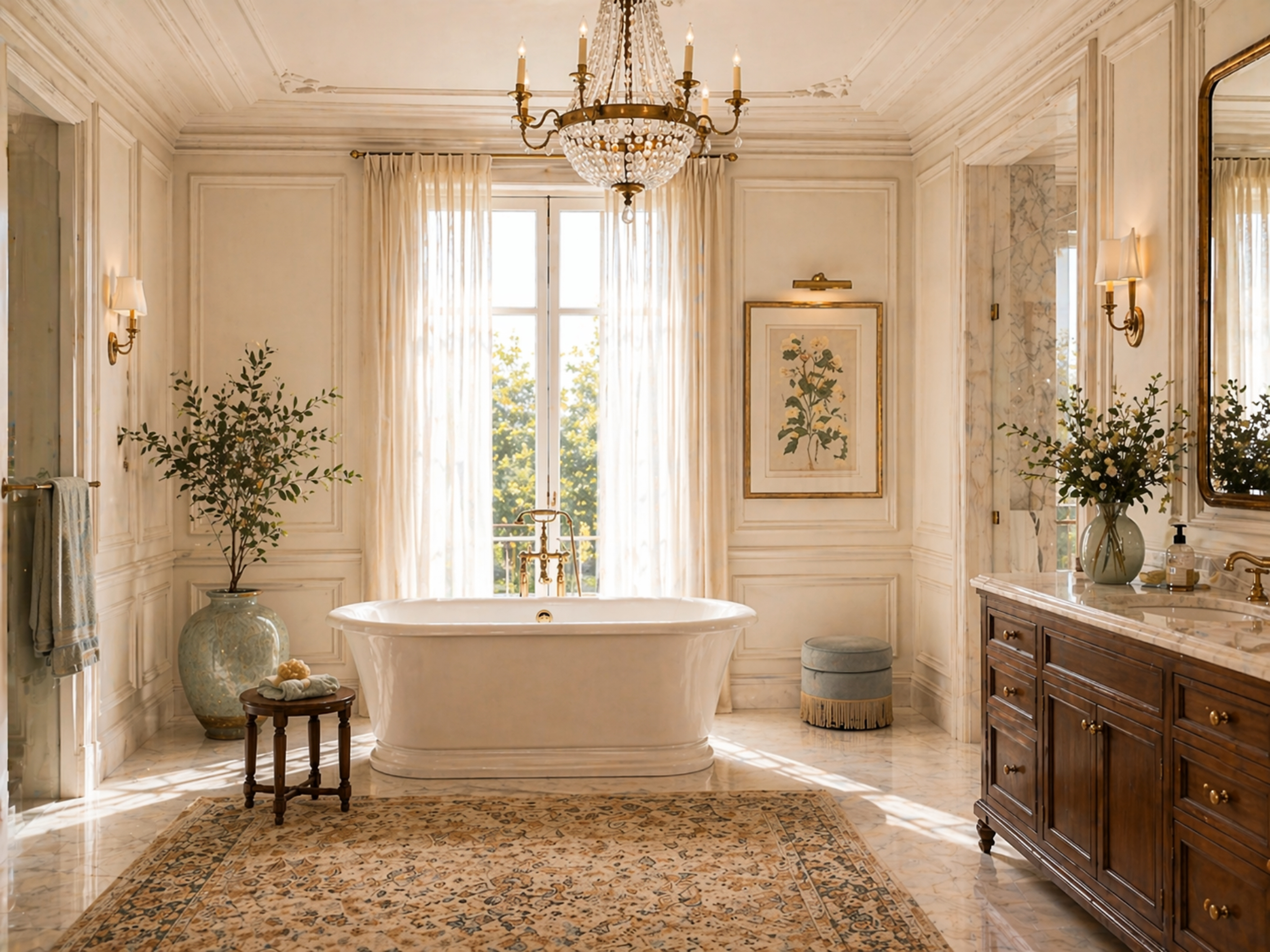 Soft sage green and sky blue accents in a serene, neutral bathroom