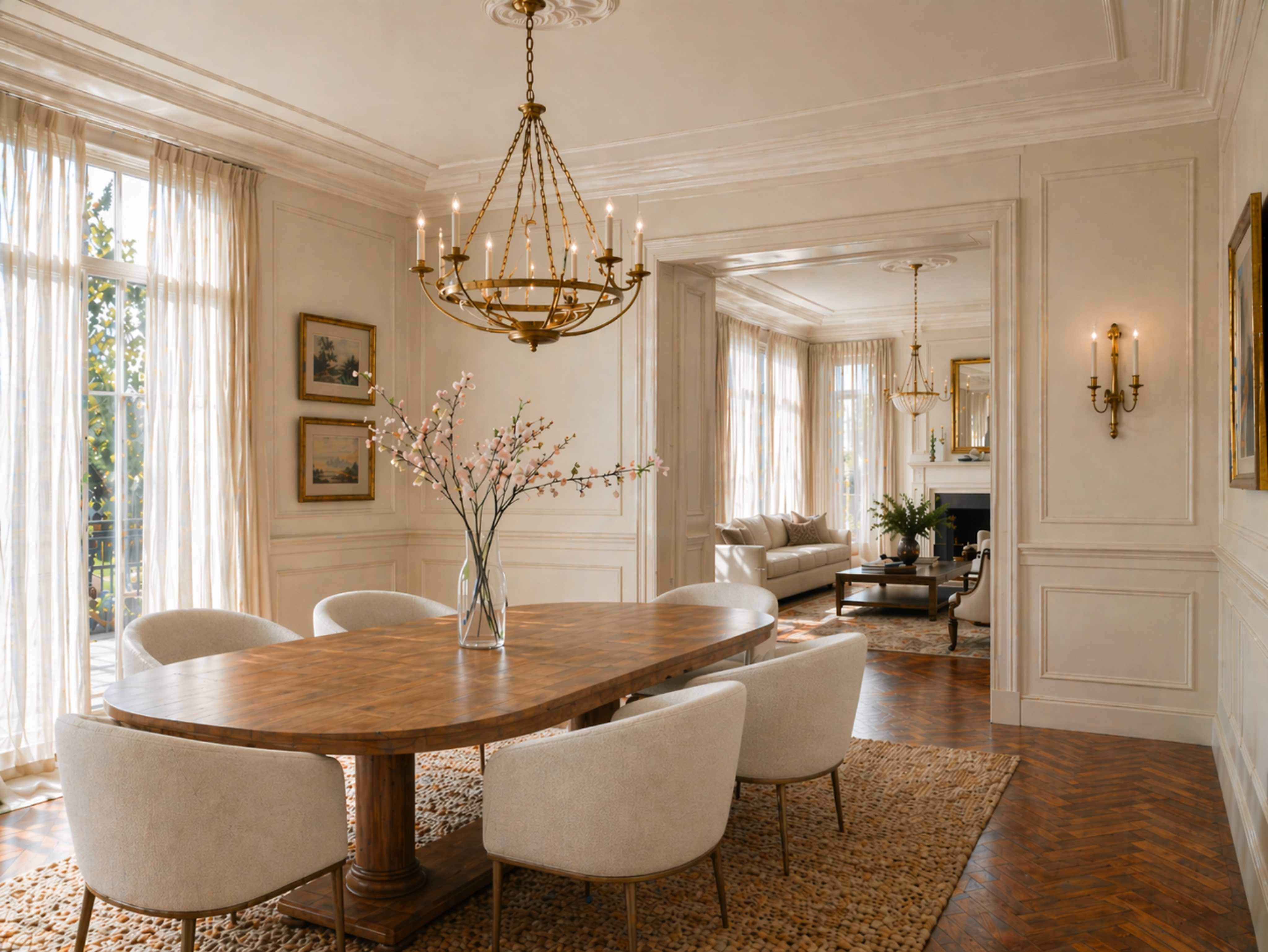 Edited dining room with generous negative space and a single cherry blossom stem in a glass vase