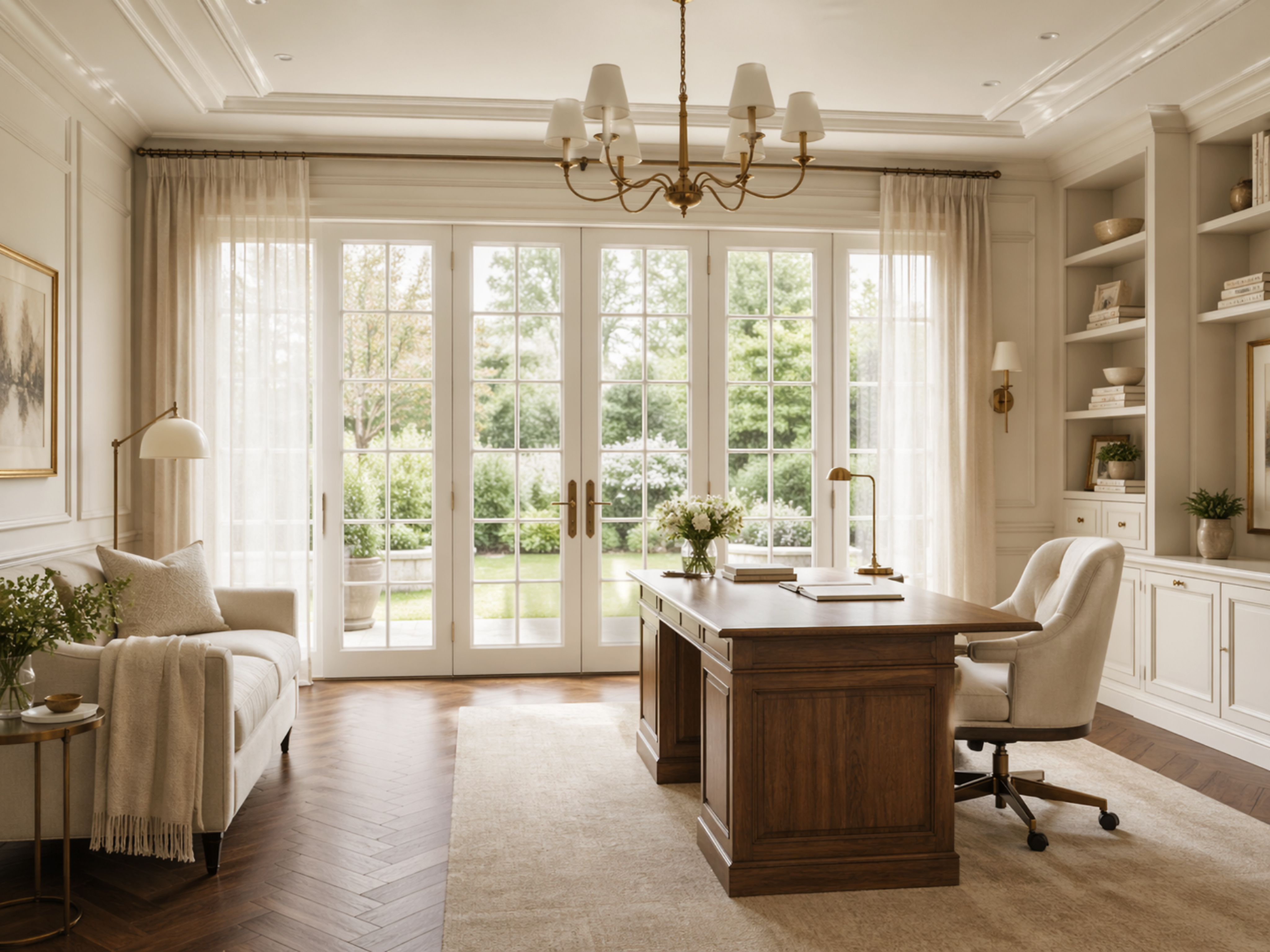 Layered linen, cotton gauze, and washed cotton textiles on a sofa in a light-filled study