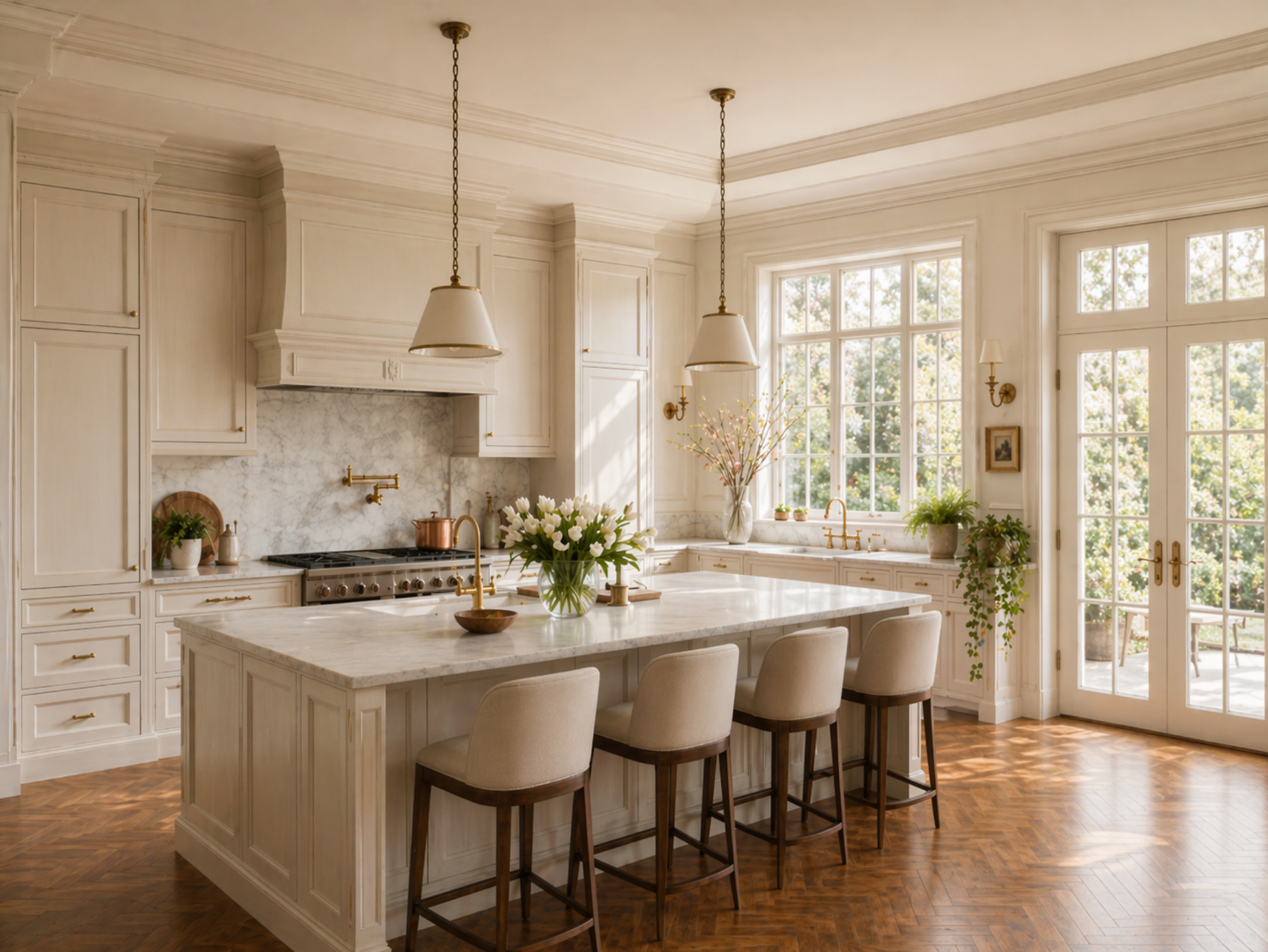White tulips and loose botanical stems arranged in simple vessels in a bright kitchen