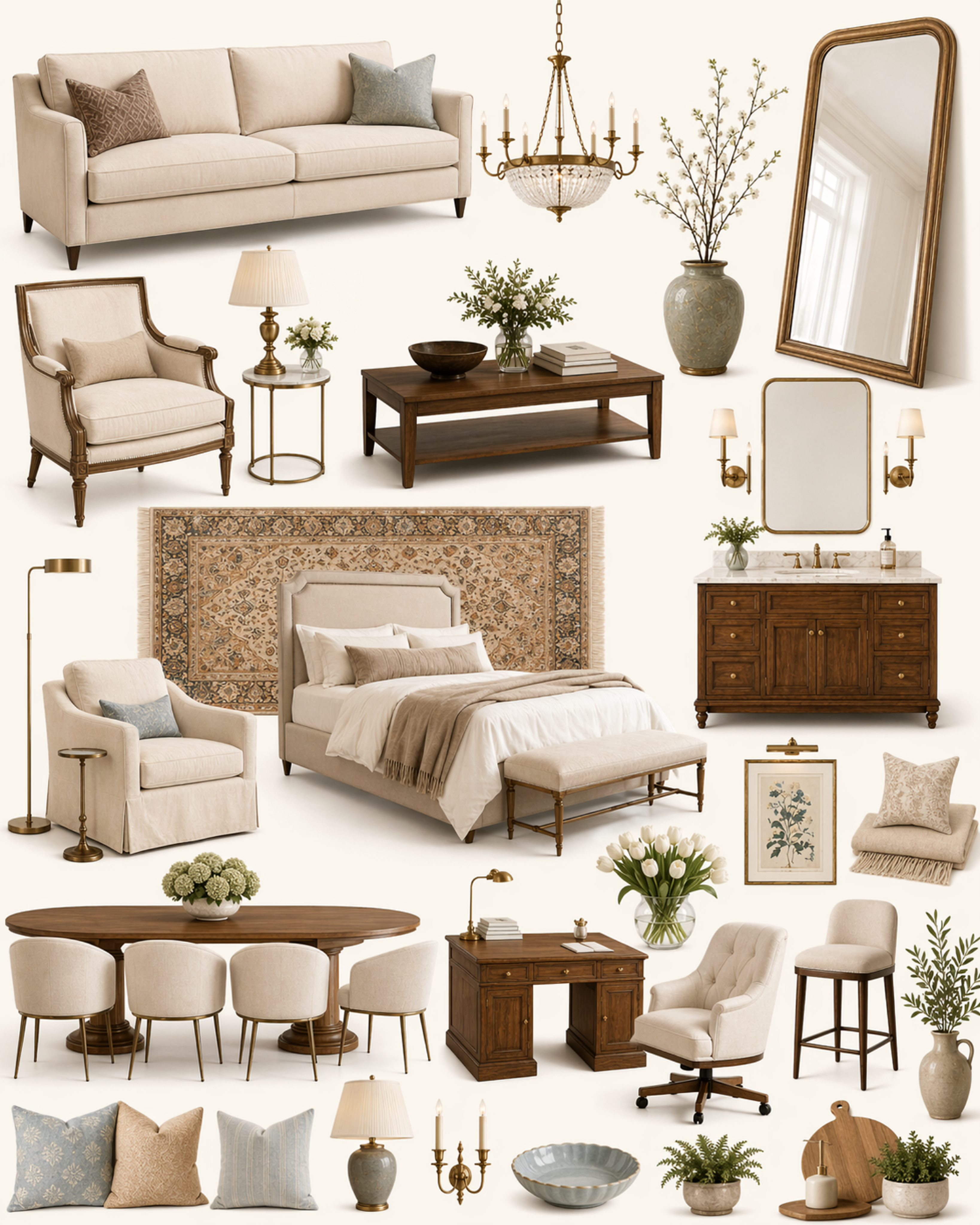 Living room with a slim-profile sofa on tapered legs and a slender dining table, revealing generous floor space