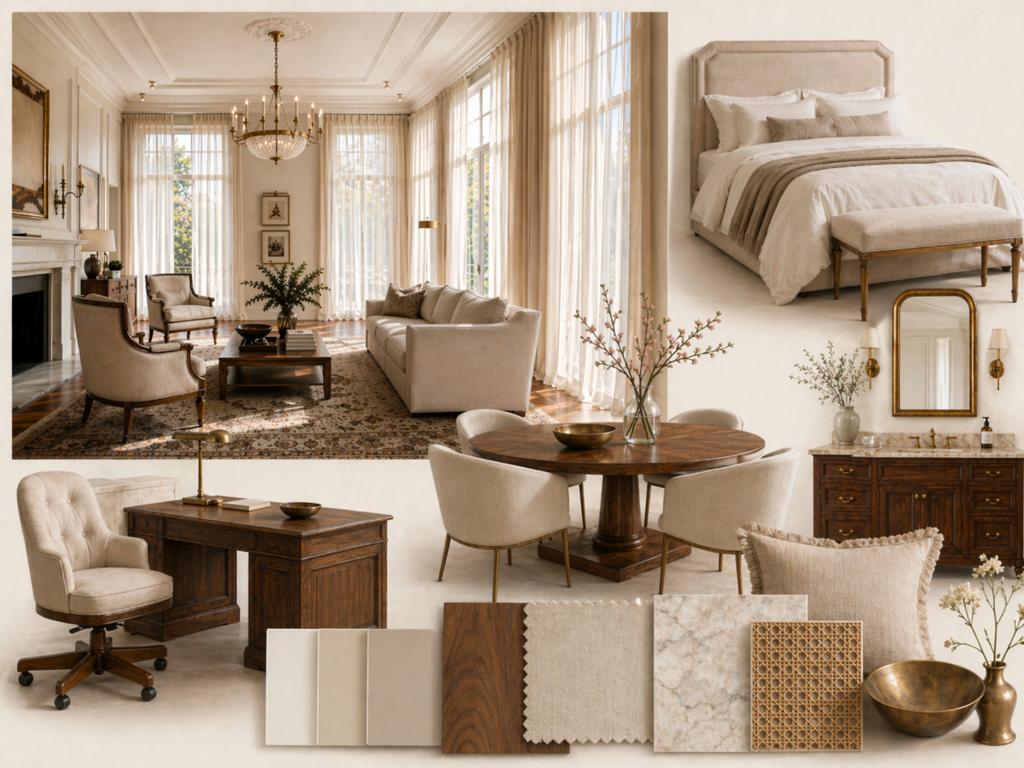 Design moodboard of light oak, rattan pendant light, and natural linen textiles