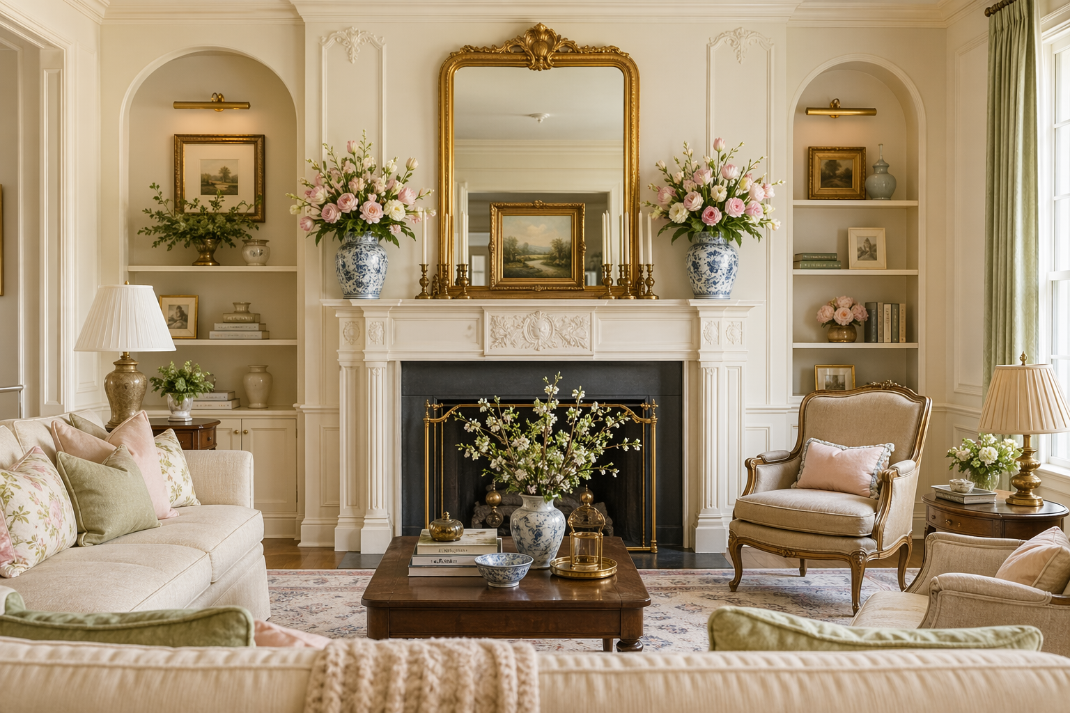 Classic/Traditional mantel — symmetrical elegant living room with chinoiserie vases, gilded mirror, tulips and peonies