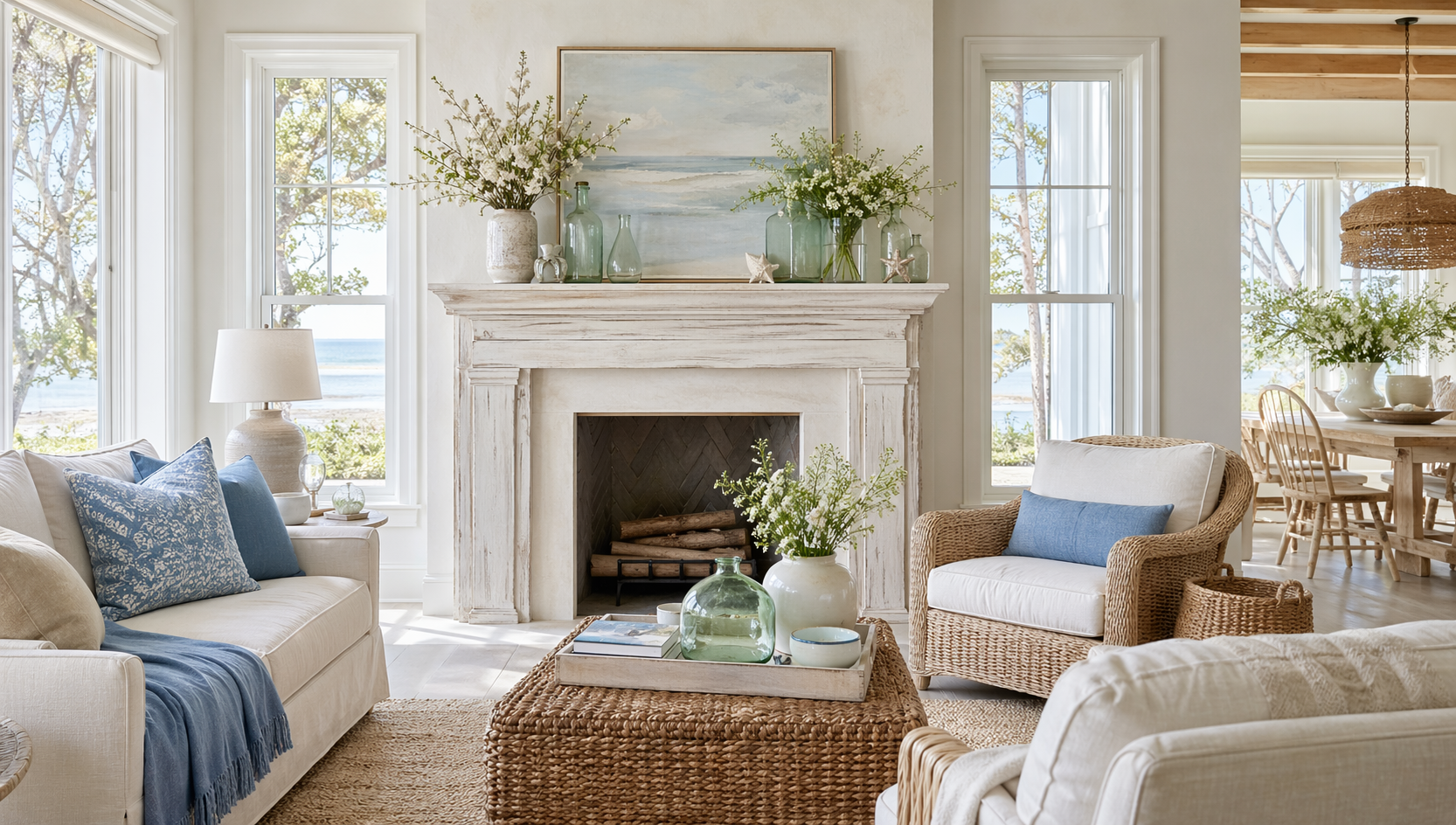 Coastal mantel — whitewashed airy living room with woven textures, sea glass, and wildflowers